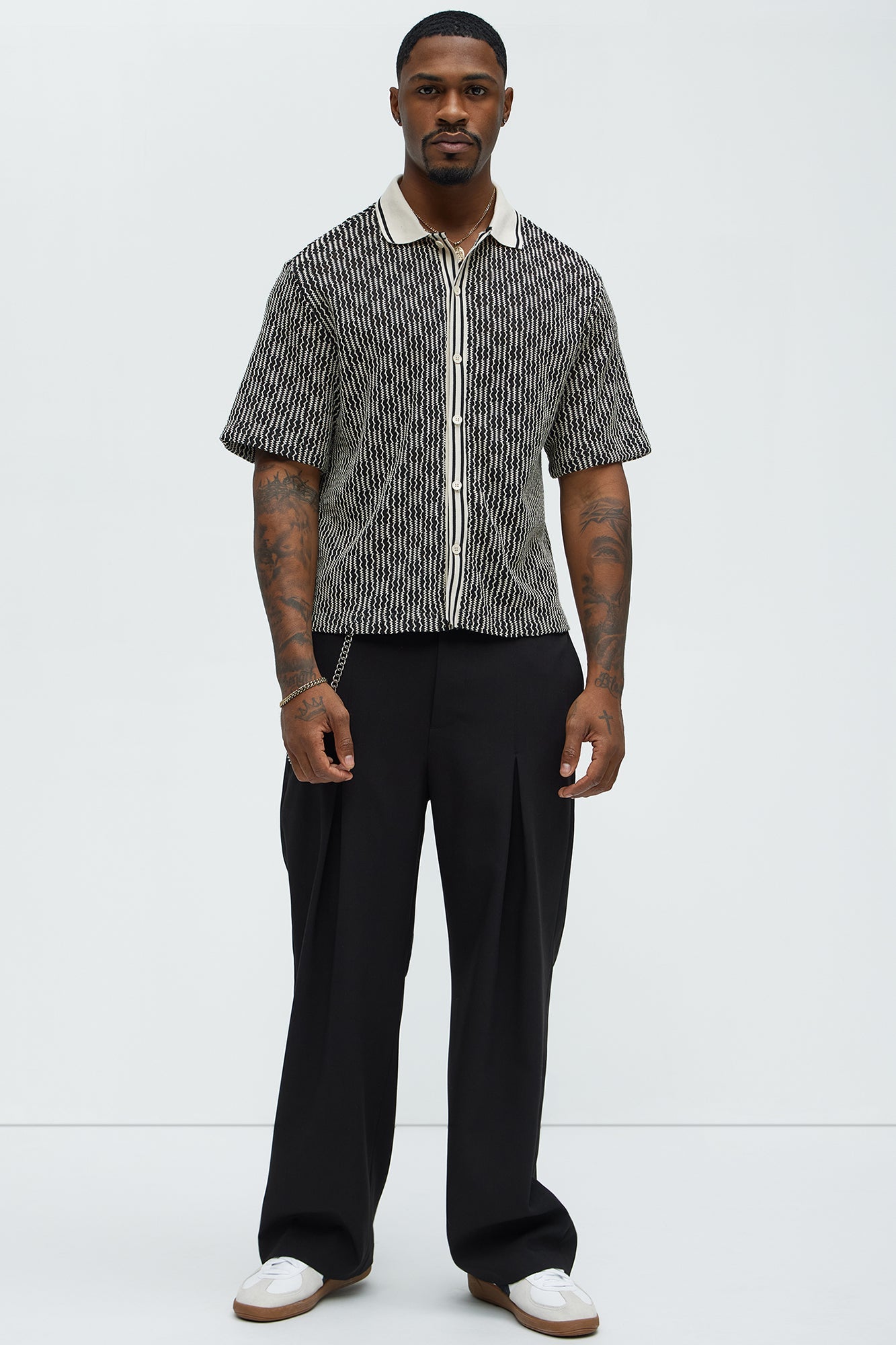 Zigzag Open Knit Crochet Cuban Shirt - Black/combo Fashion Nova