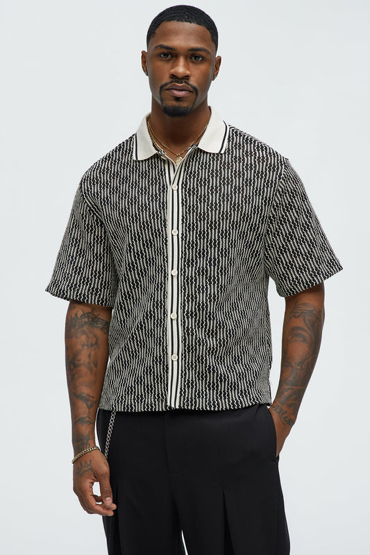 Zigzag Open Knit Crochet Cuban Shirt - Black/combo Fashion Nova