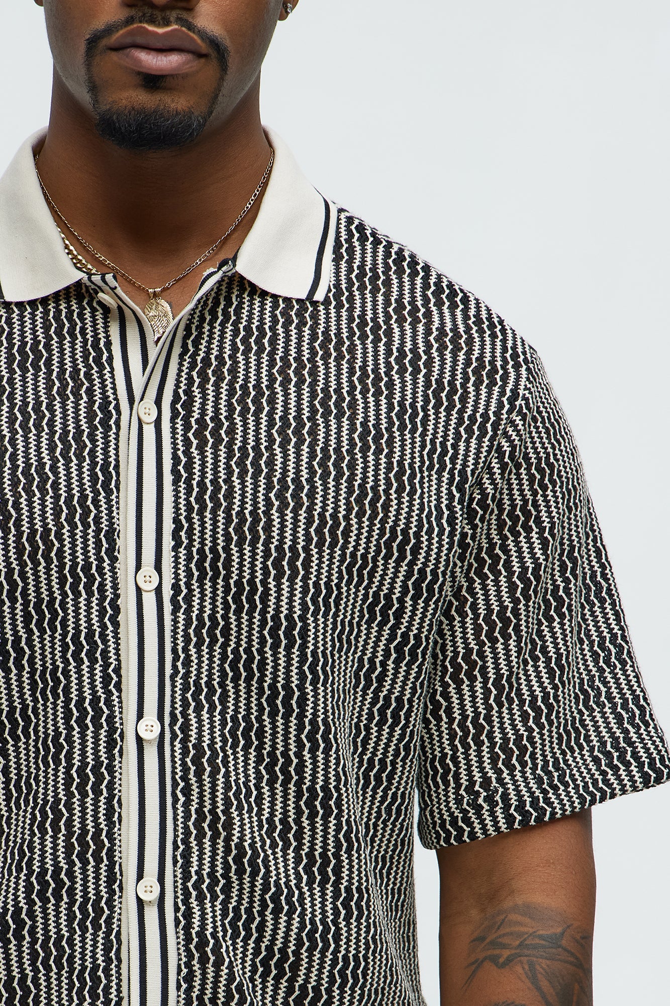 Zigzag Open Knit Crochet Cuban Shirt - Black/combo Fashion Nova