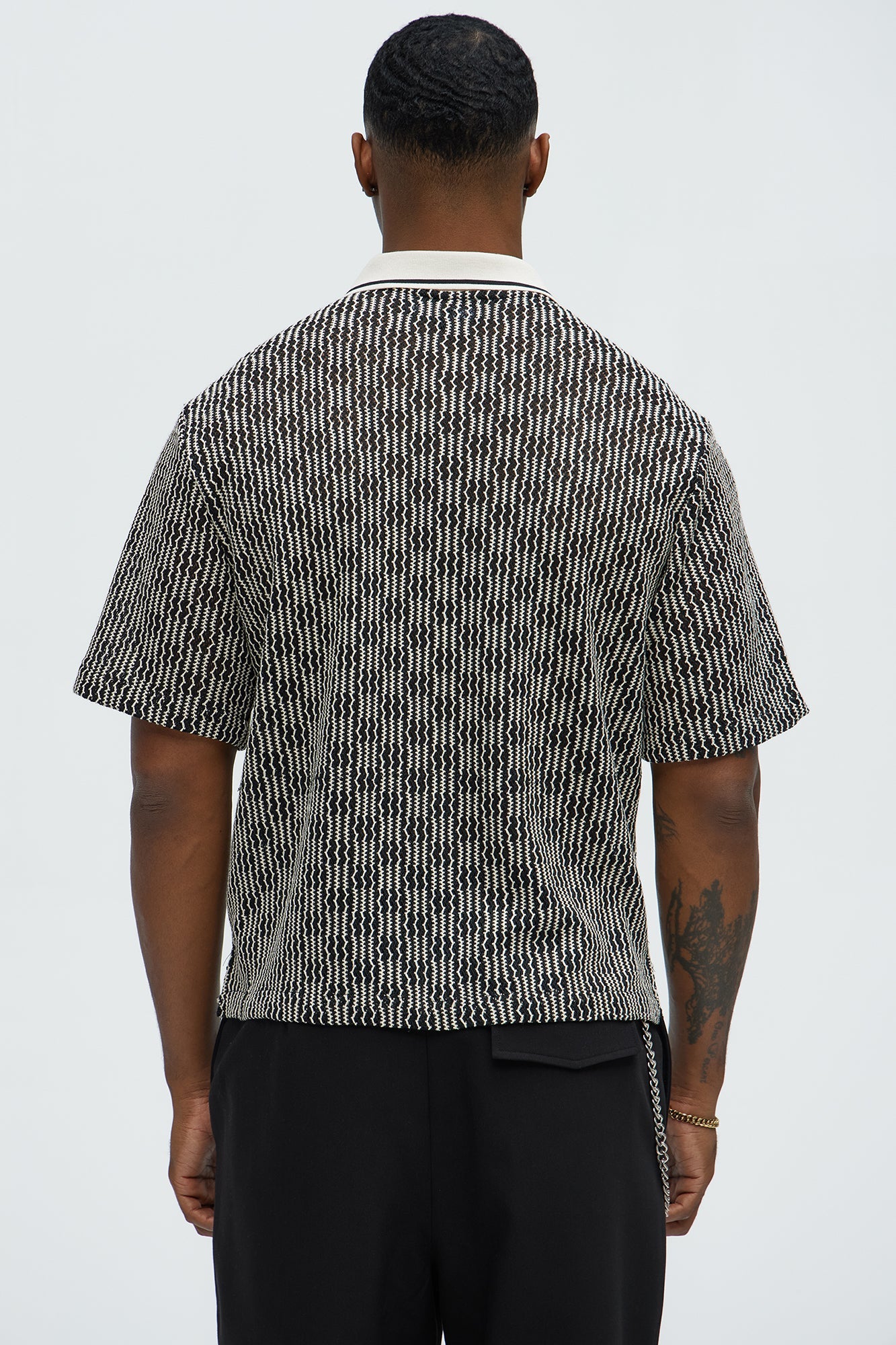Zigzag Open Knit Crochet Cuban Shirt - Black/combo Fashion Nova