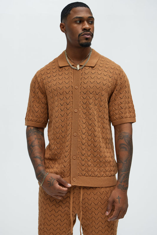 Waterfall Texture Open Knit Shirt - Brown Fashion Nova