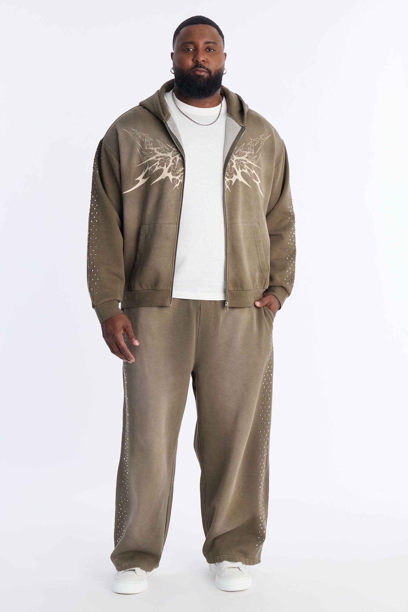 Tribal Rhinestone Zip Hoodie - Olive Fashion Nova