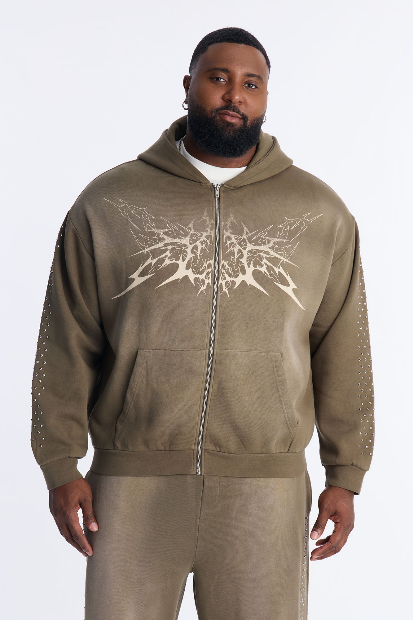 Tribal Rhinestone Zip Hoodie - Olive Fashion Nova
