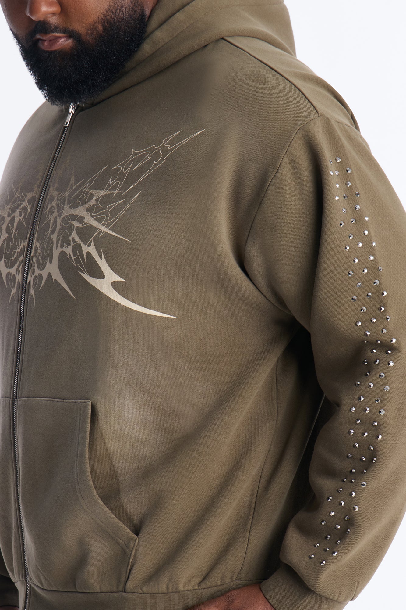 Tribal Rhinestone Zip Hoodie - Olive Fashion Nova