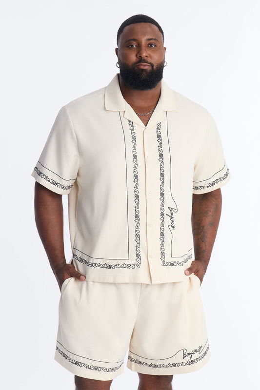 St. Tropez Embroidered Cuban Collar Button Up Shirt - Cream Fashion Nova