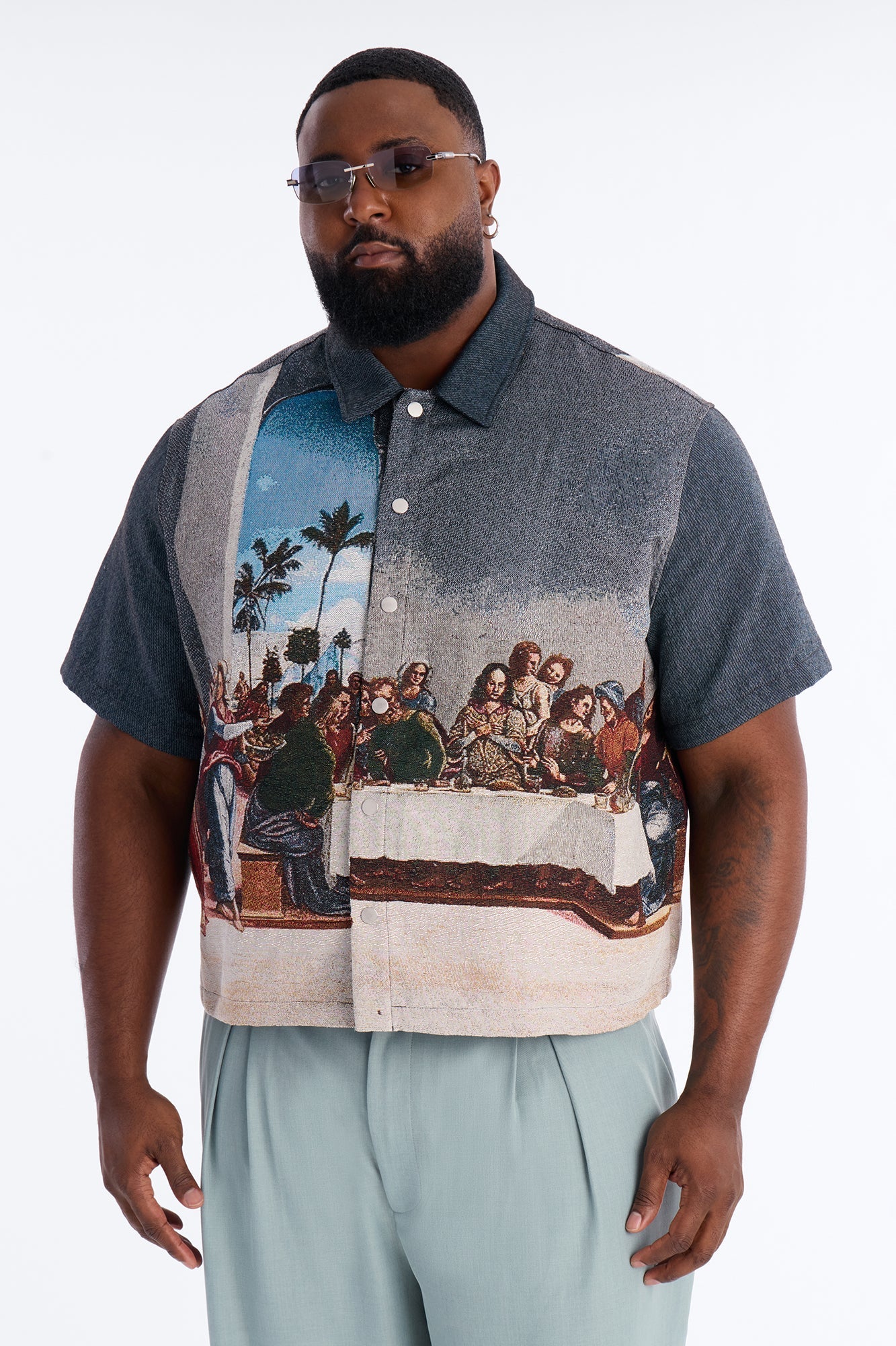 Cropped Relaxed Palm Vinci Button Up Shirt - Multi Color Fashion Nova