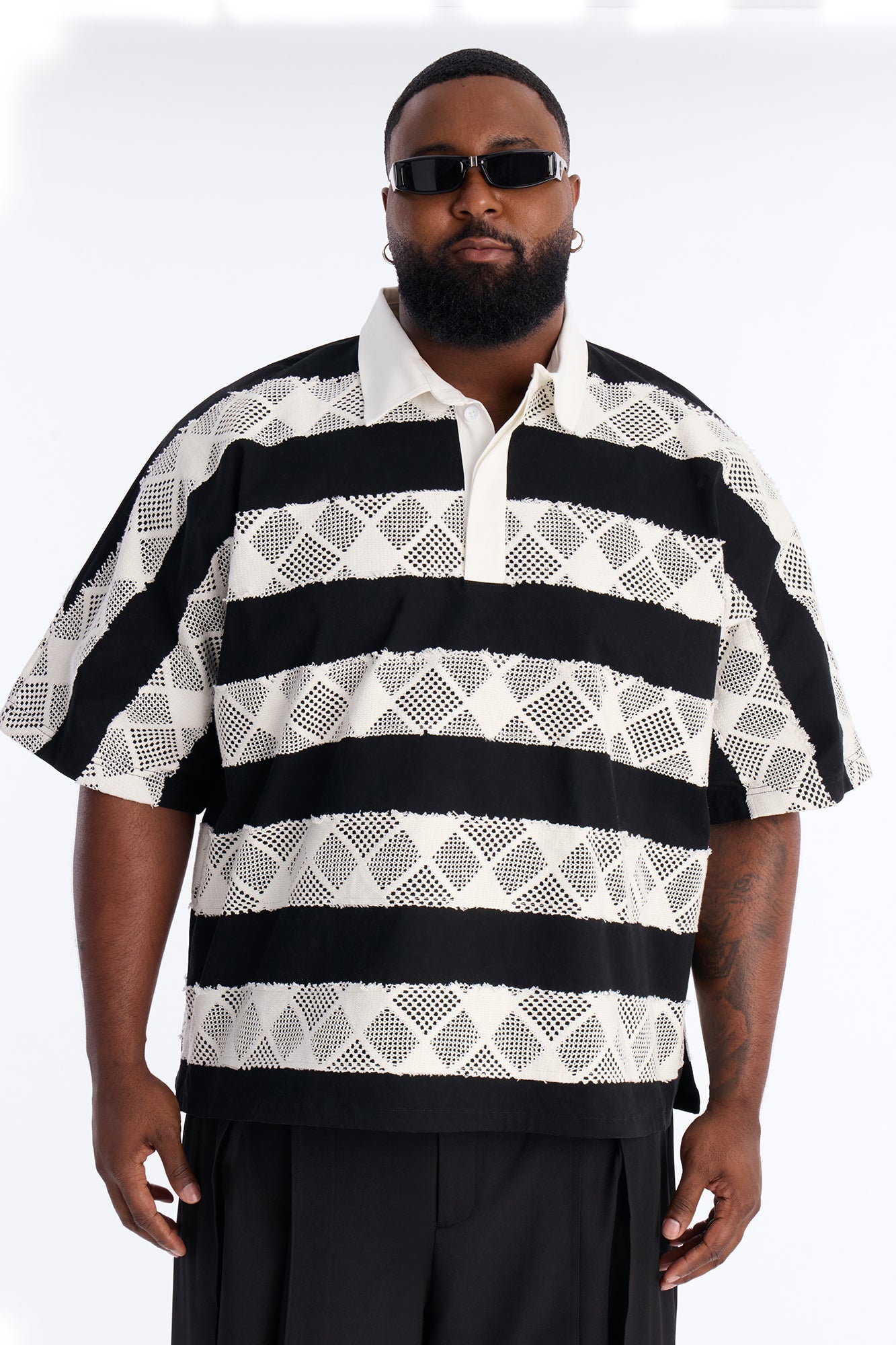 Oversized Offshore Reef Crochet Polo Shirt - Black/White Fashion Nova