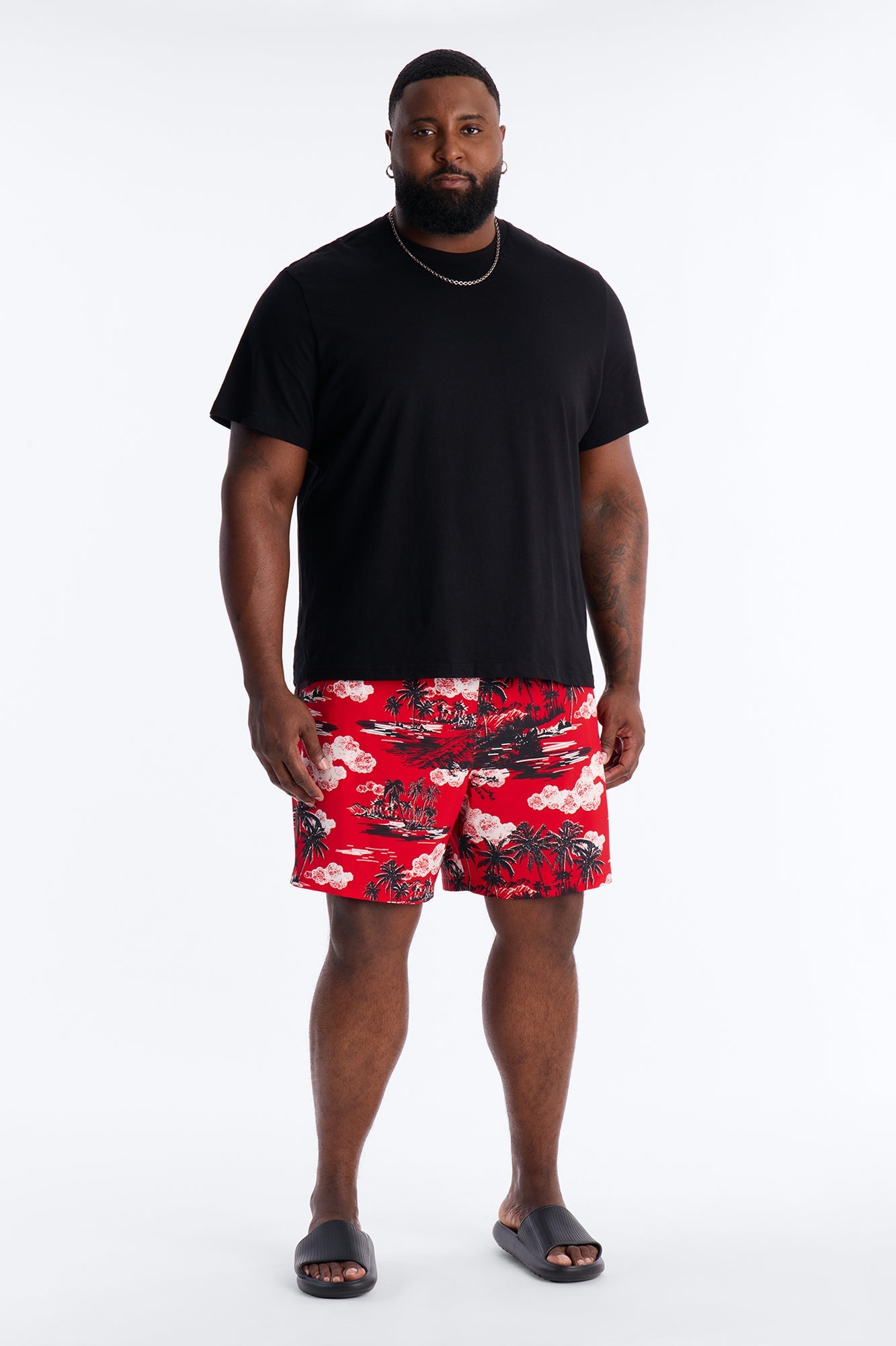 Brushed Tropical Oasis Swim Trunk 7″ - Red Fashion Nova