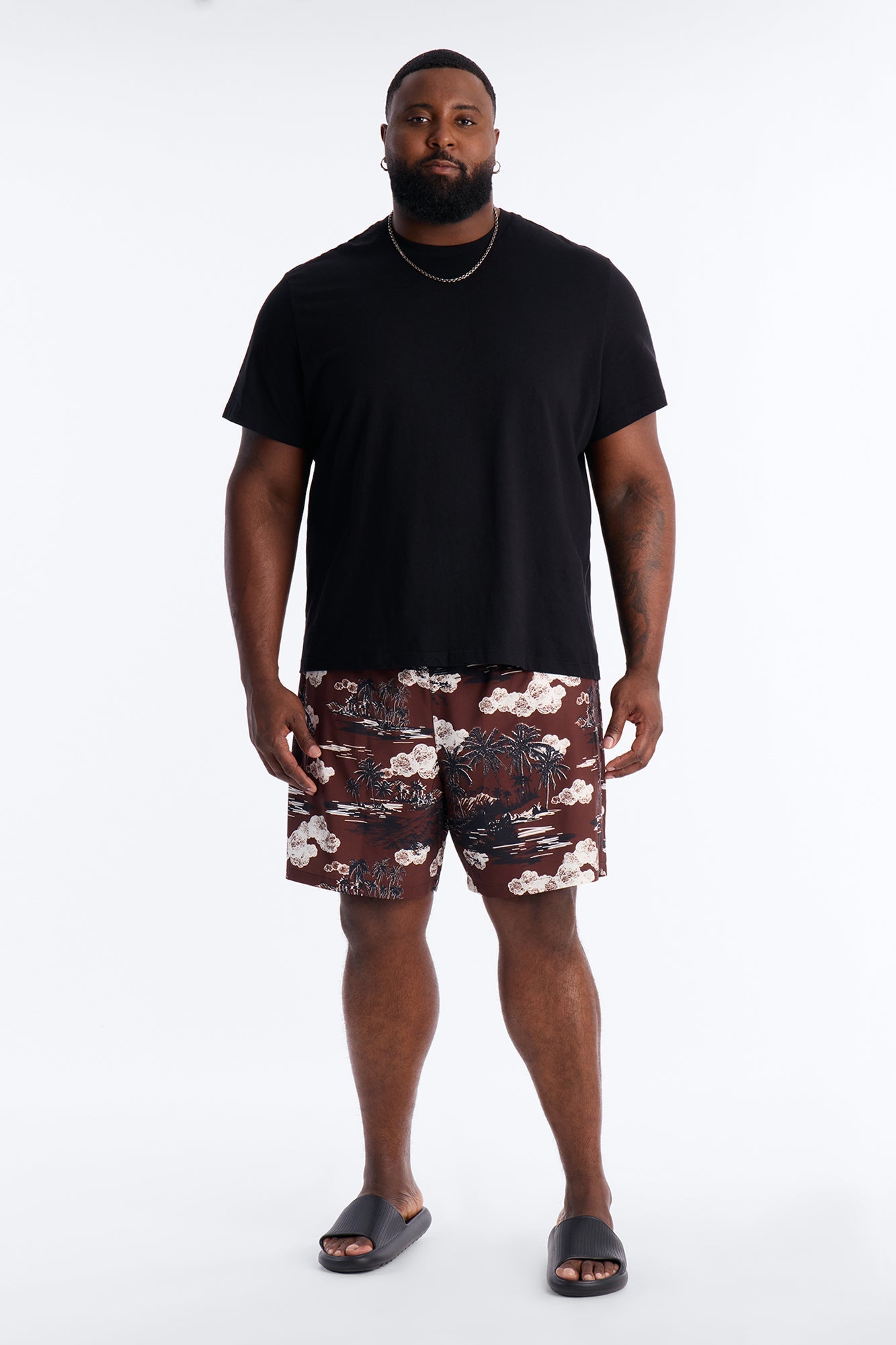 Brushed Tropical Oasis Swim Trunk 7″ - Brown Fashion Nova