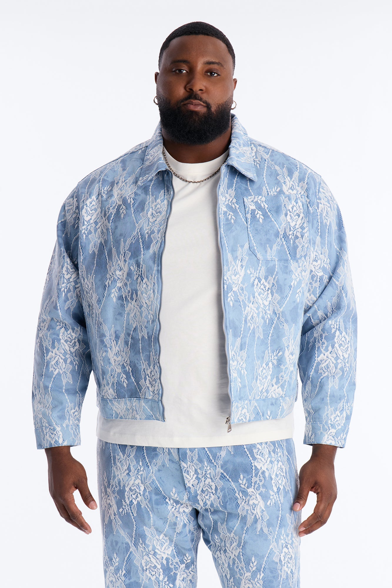 Lace Overlay Zip Denim Jacket - Medium Blue Wash Fashion Nova