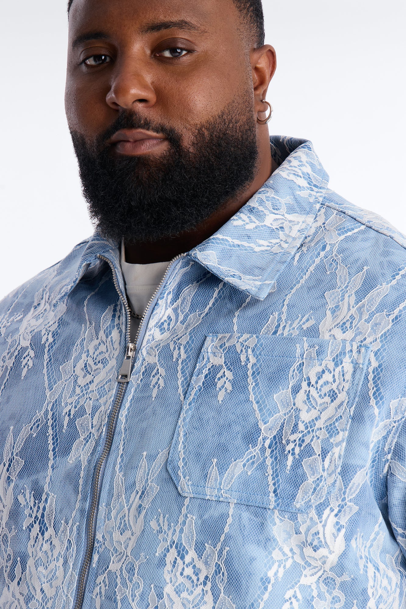 Lace Overlay Zip Denim Jacket - Medium Blue Wash Fashion Nova