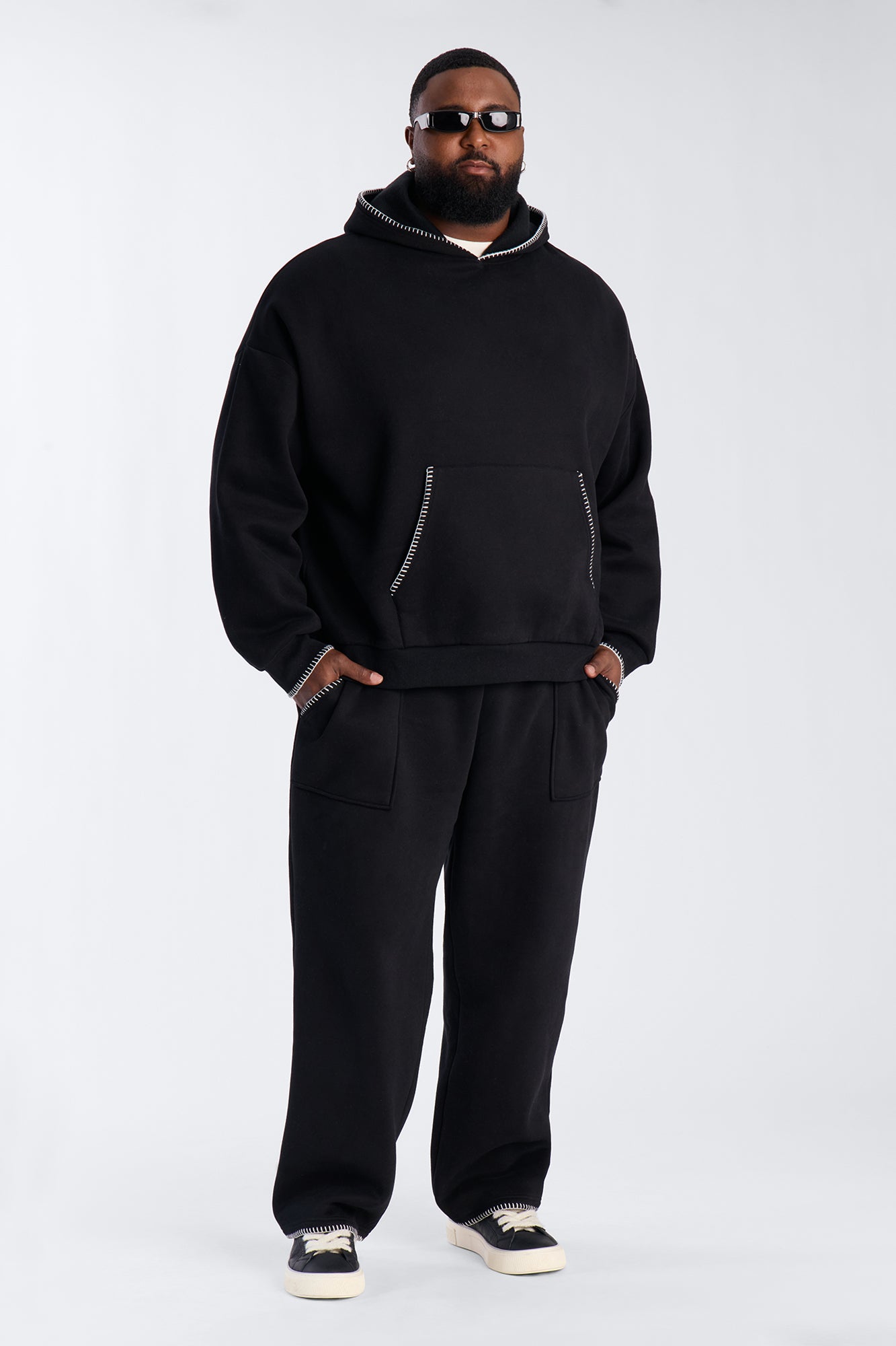 Oversized Contrast Blanket Stitch Hoodie - Black Fashion Nova