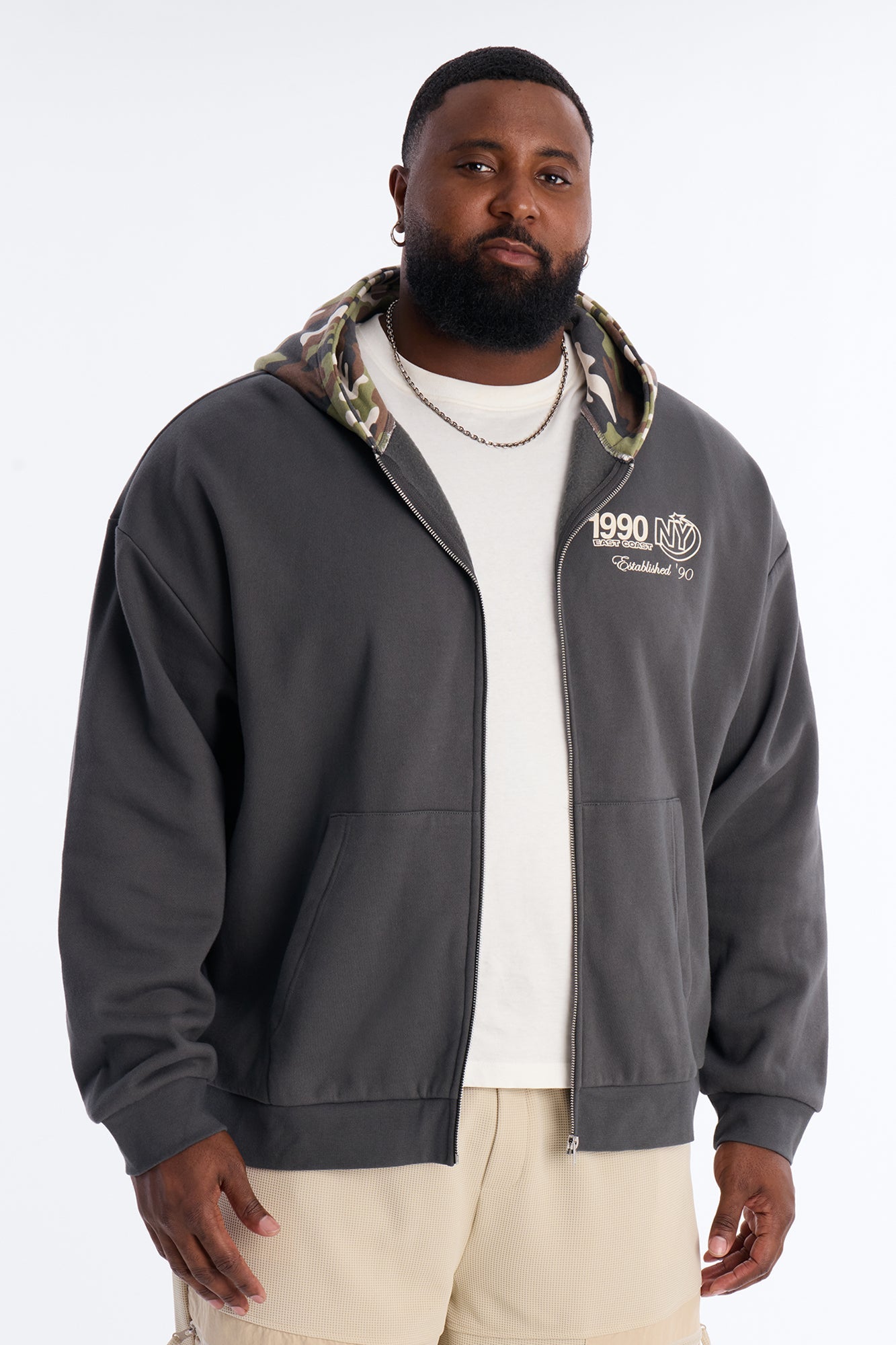 New York East Camo Zip Hoodie - Charcoal/combo Fashion Nova