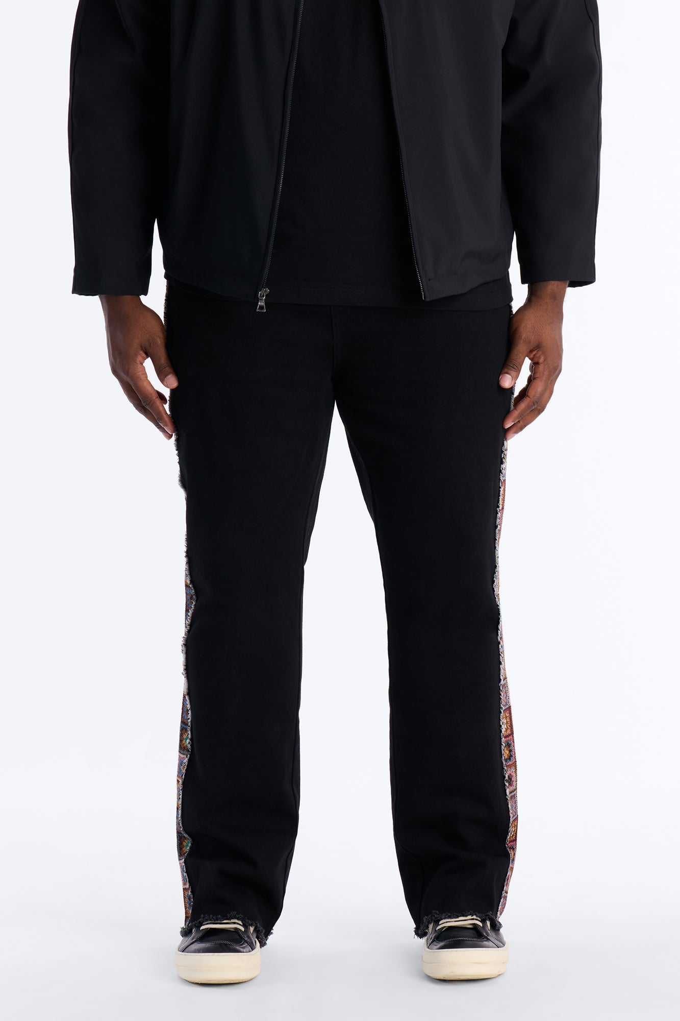 Stacked Slim Flare Split Tapestry Jeans - Black Fashion Nova