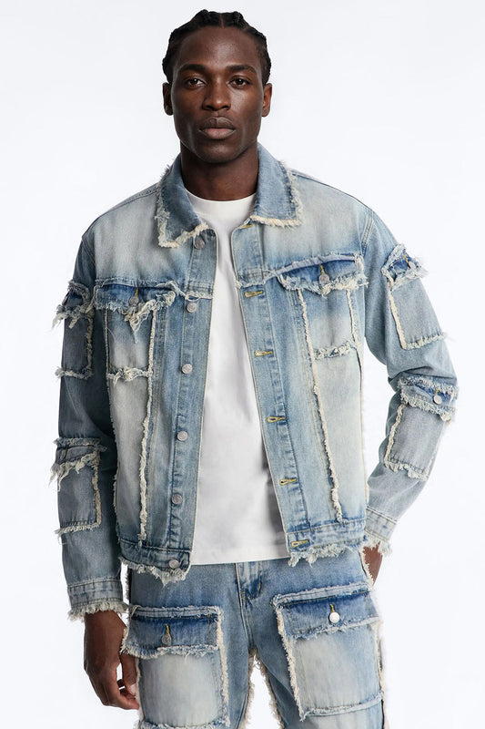 Tattered Cargo Denim Trucker Jacket - Light Wash Fashion Nova