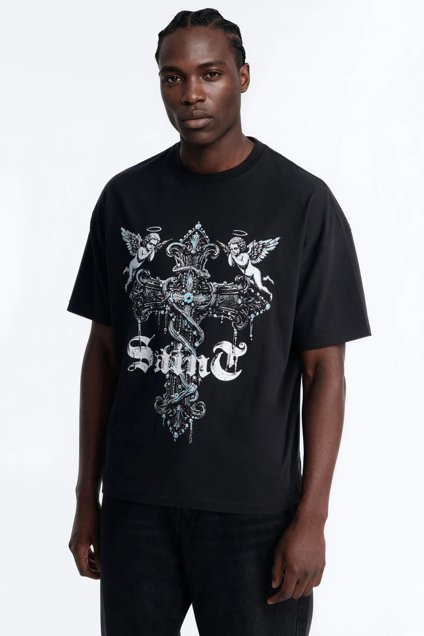 Saints Protect Me Oversized Short Sleeve Tee - Black Fashion Nova