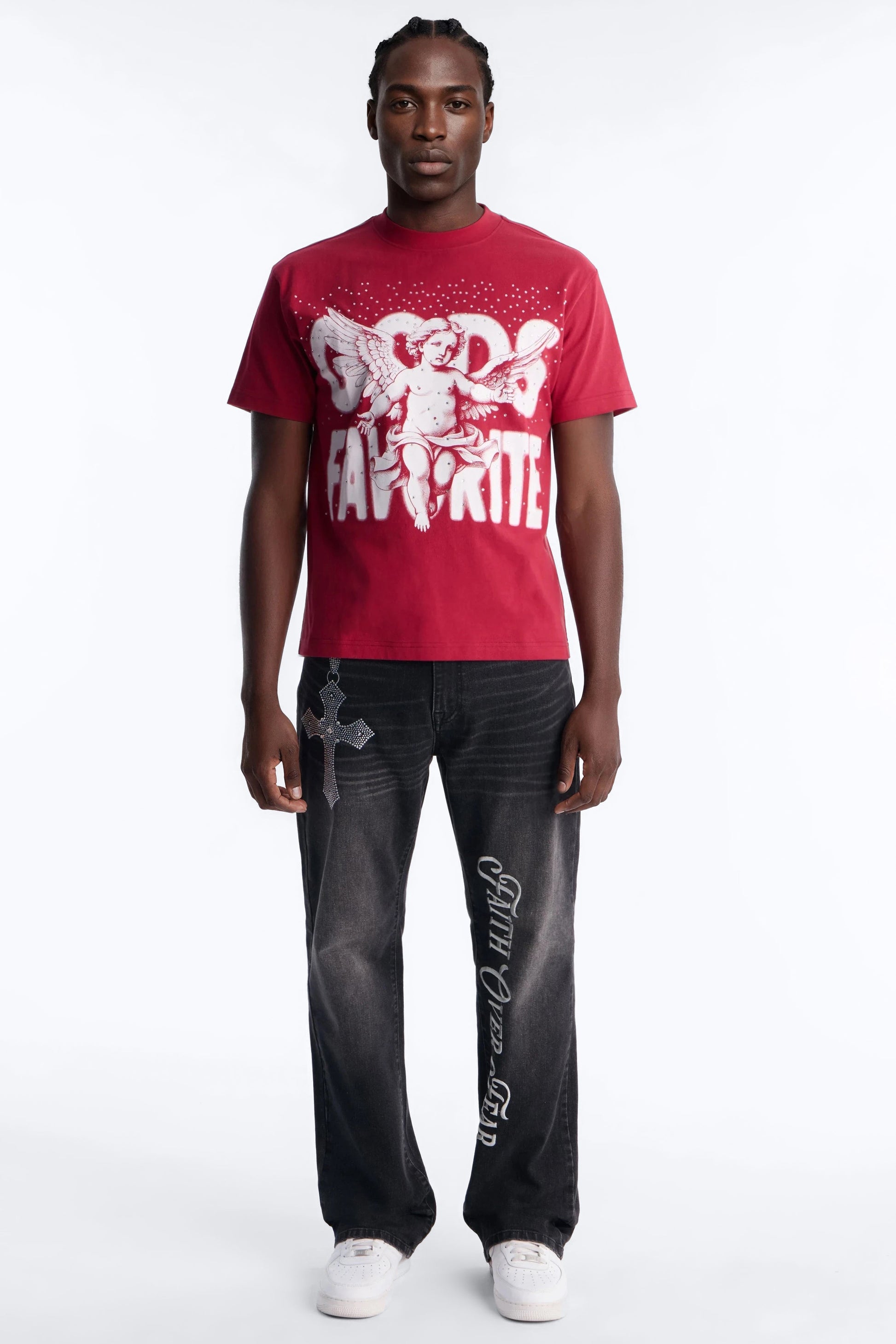 God's Favorite Rhinestones Short Sleeve Tee - Red Fashion Nova