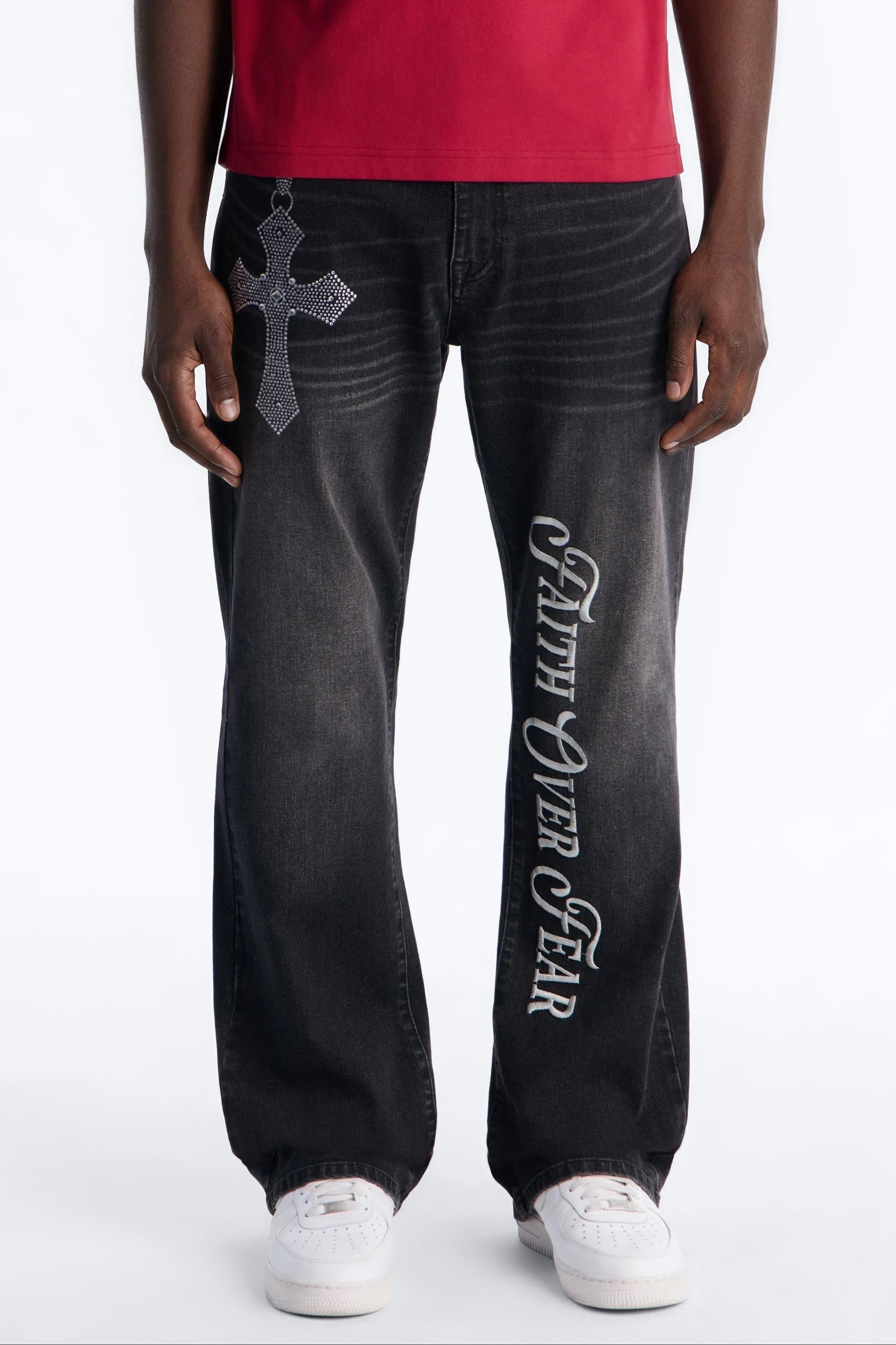 Stacked Slim Flare Faith Over Fear Drip Jean - Black Wash Fashion Nova