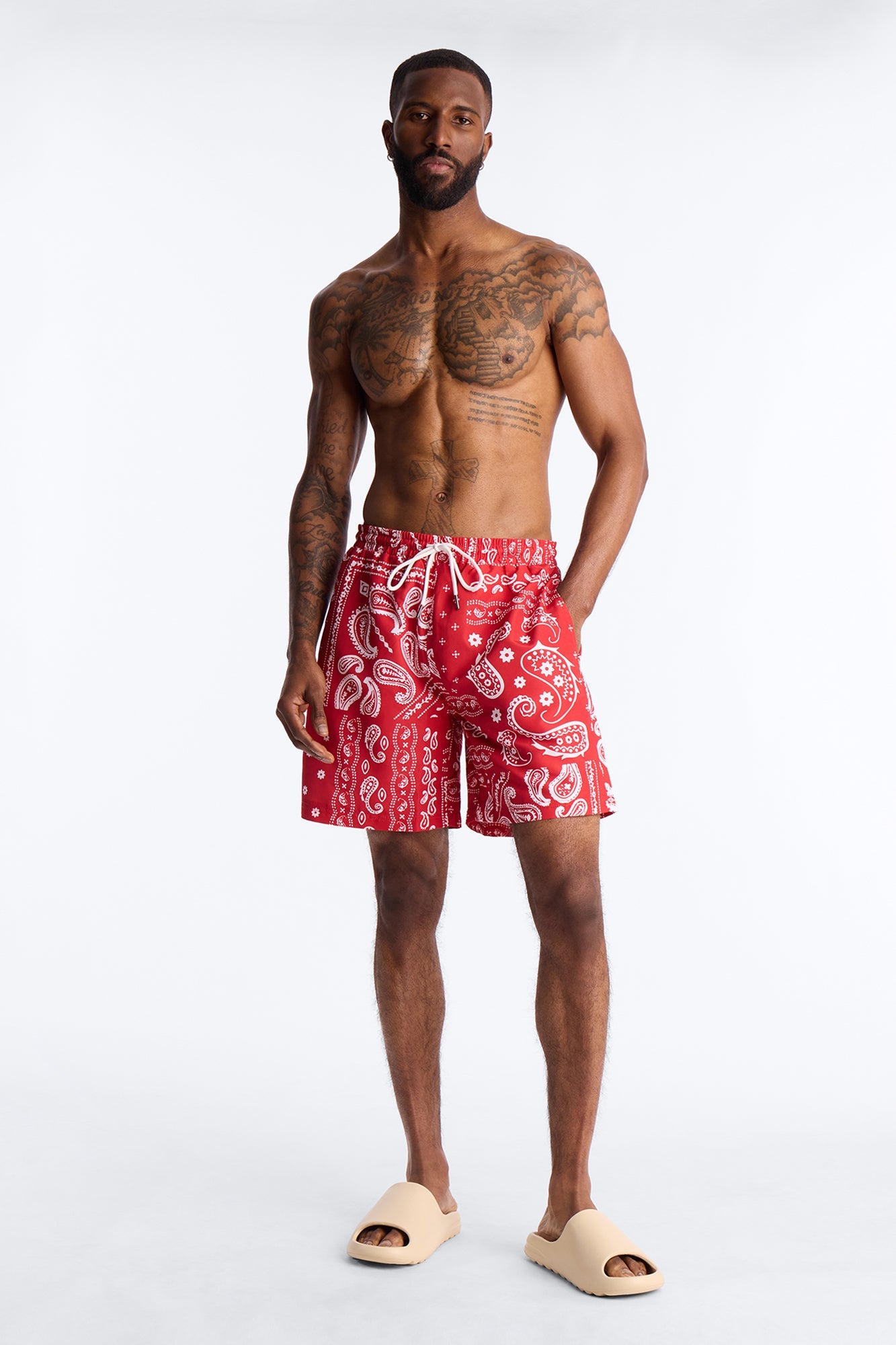 Wild Paisley Printed Swim Trunk 7″ - Red Fashion Nova