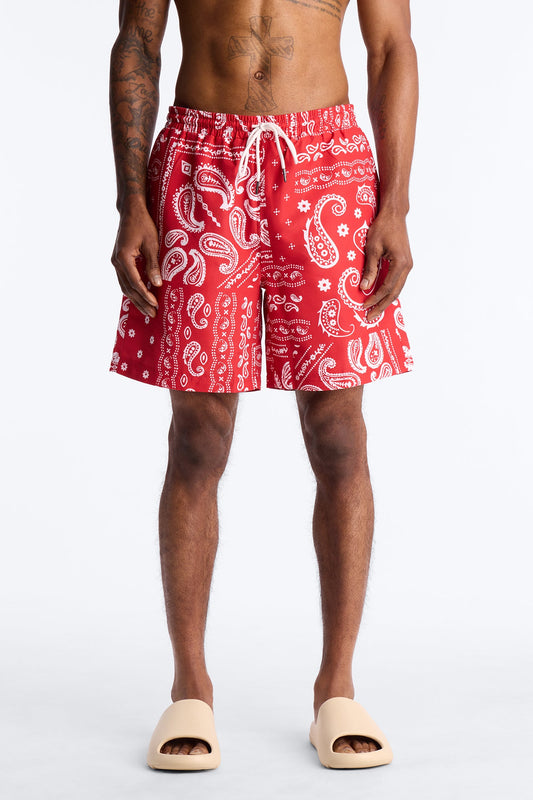 Wild Paisley Printed Swim Trunk 7″ - Red Fashion Nova
