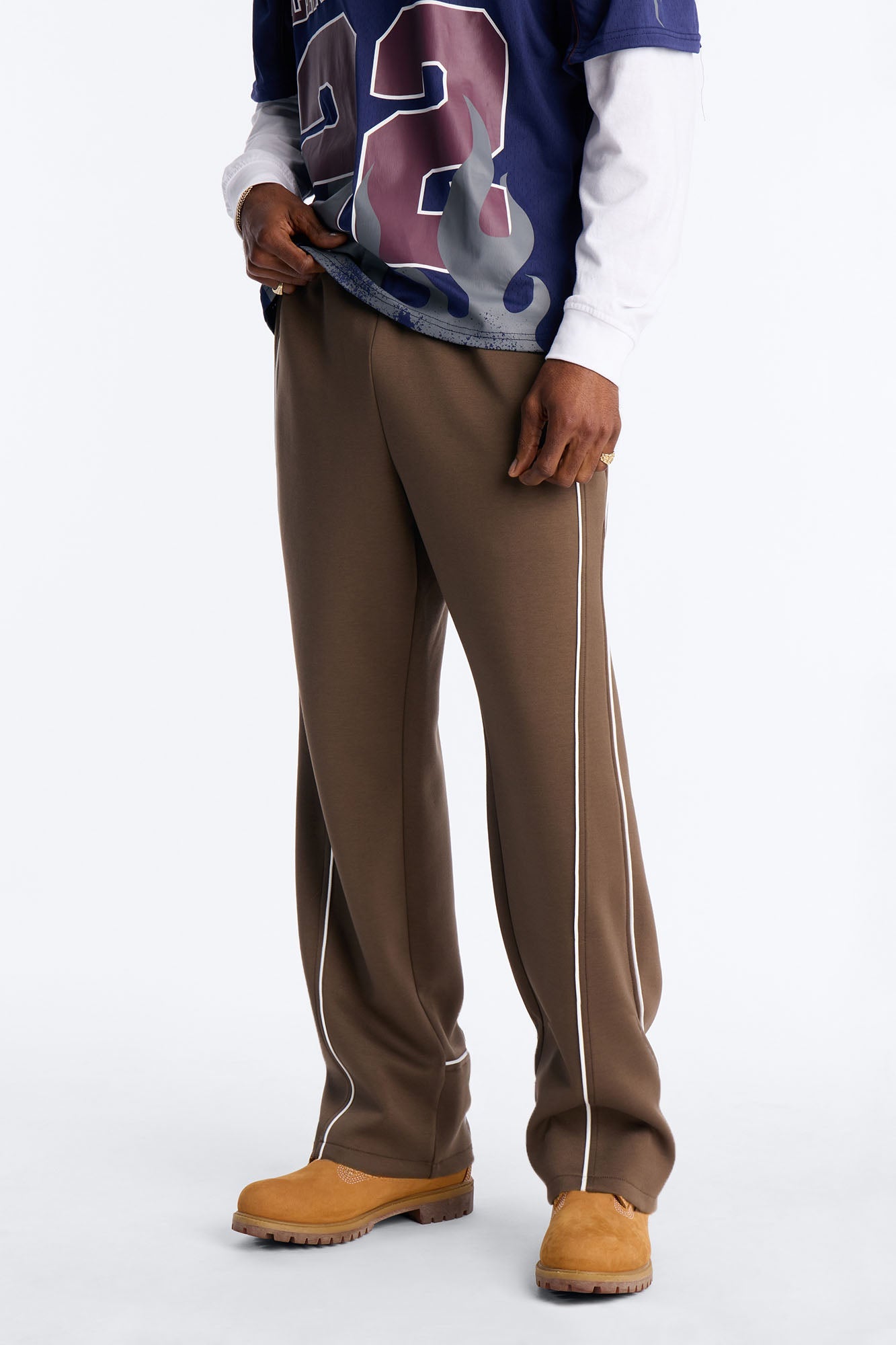 Straight Structured Fleece Piped Pant - Brown Fashion Nova