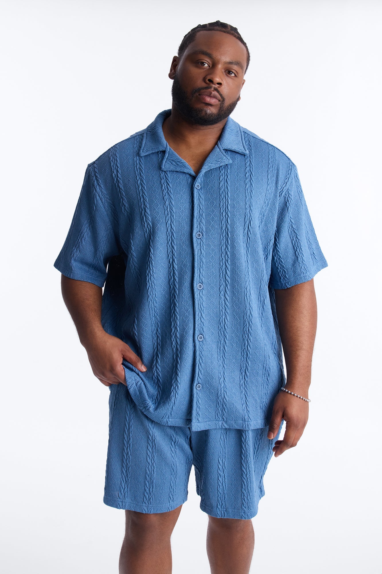 Textured Stripes Cuban Short Sleeve Button Up Shirt - Blue Fashion Nova