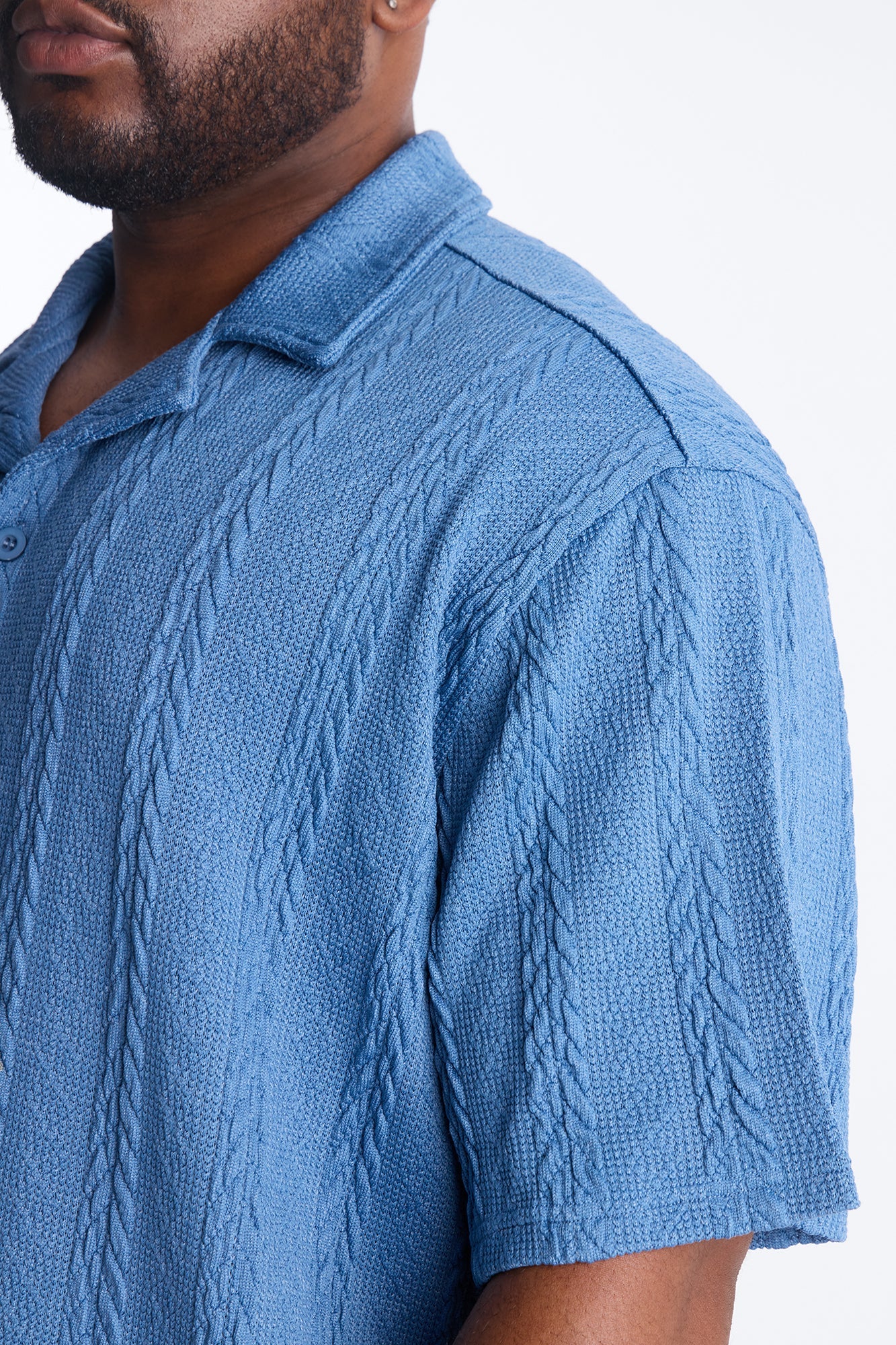 Textured Stripes Cuban Short Sleeve Button Up Shirt - Blue Fashion Nova