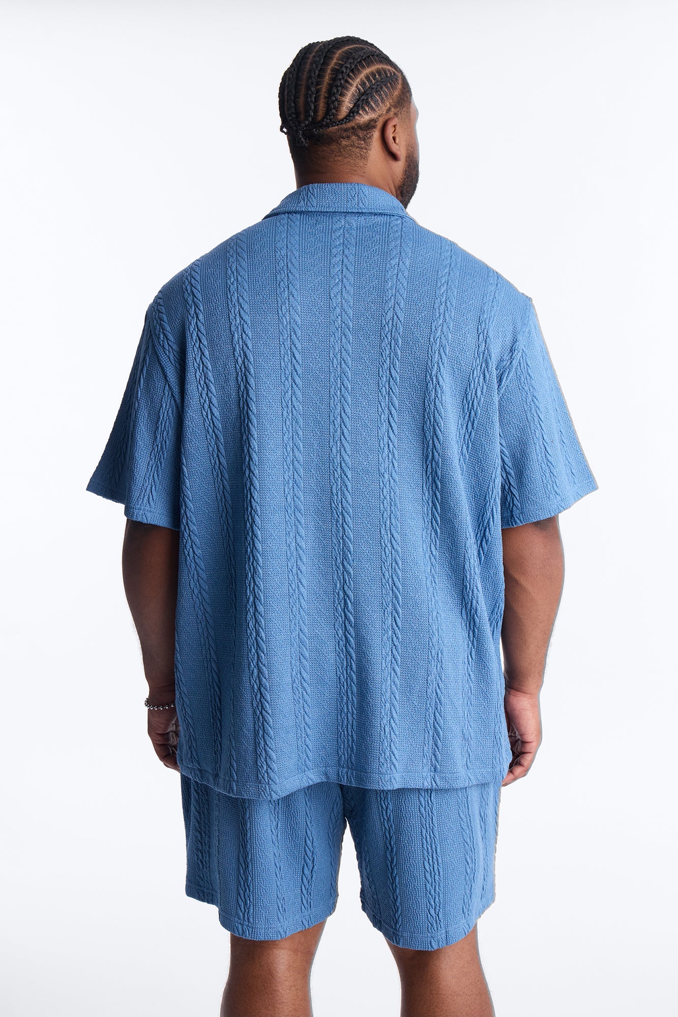 Textured Stripes Cuban Short Sleeve Button Up Shirt - Blue Fashion Nova