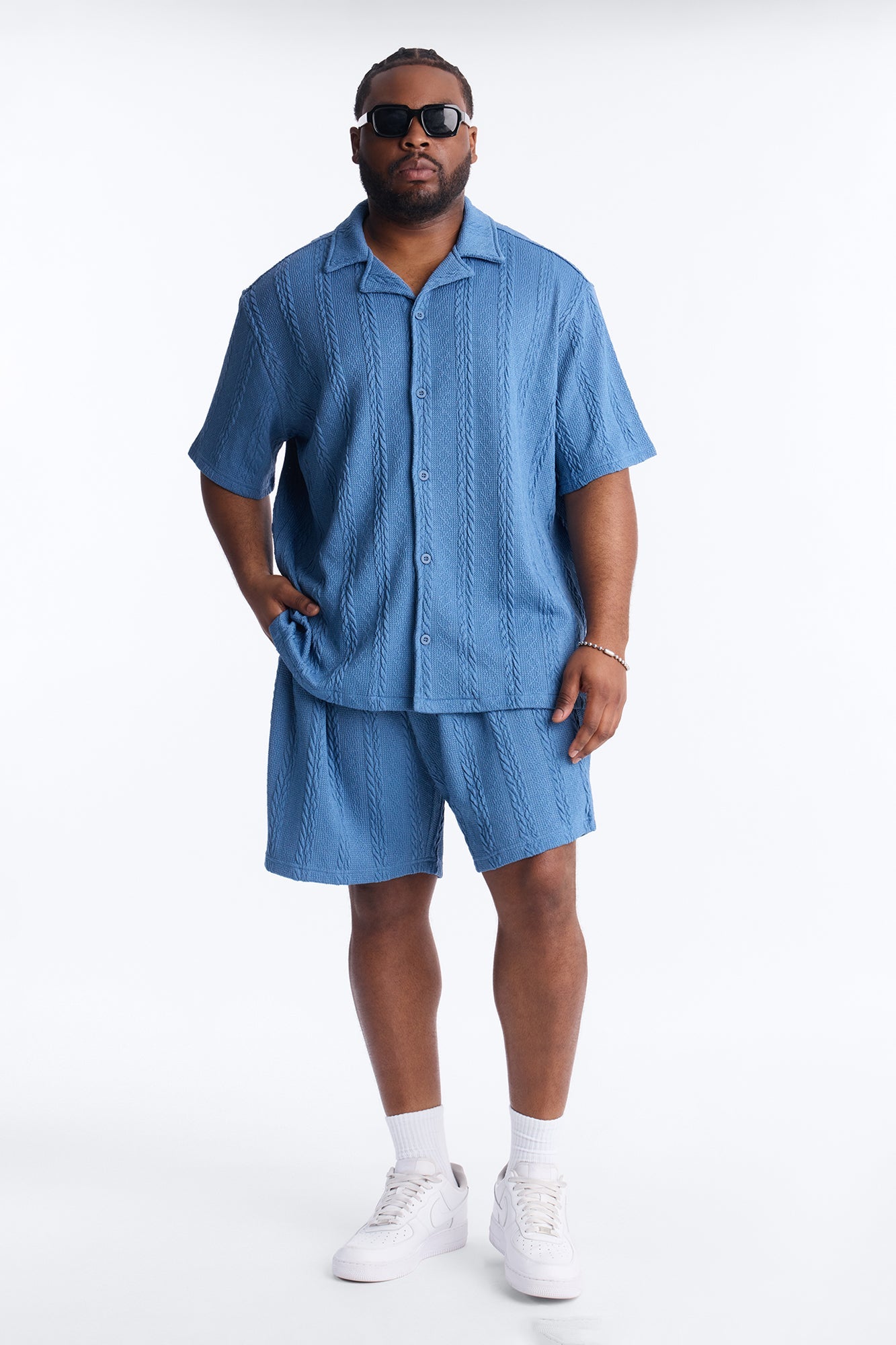 Textured Stripes Cuban Short Sleeve Button Up Shirt - Blue Fashion Nova