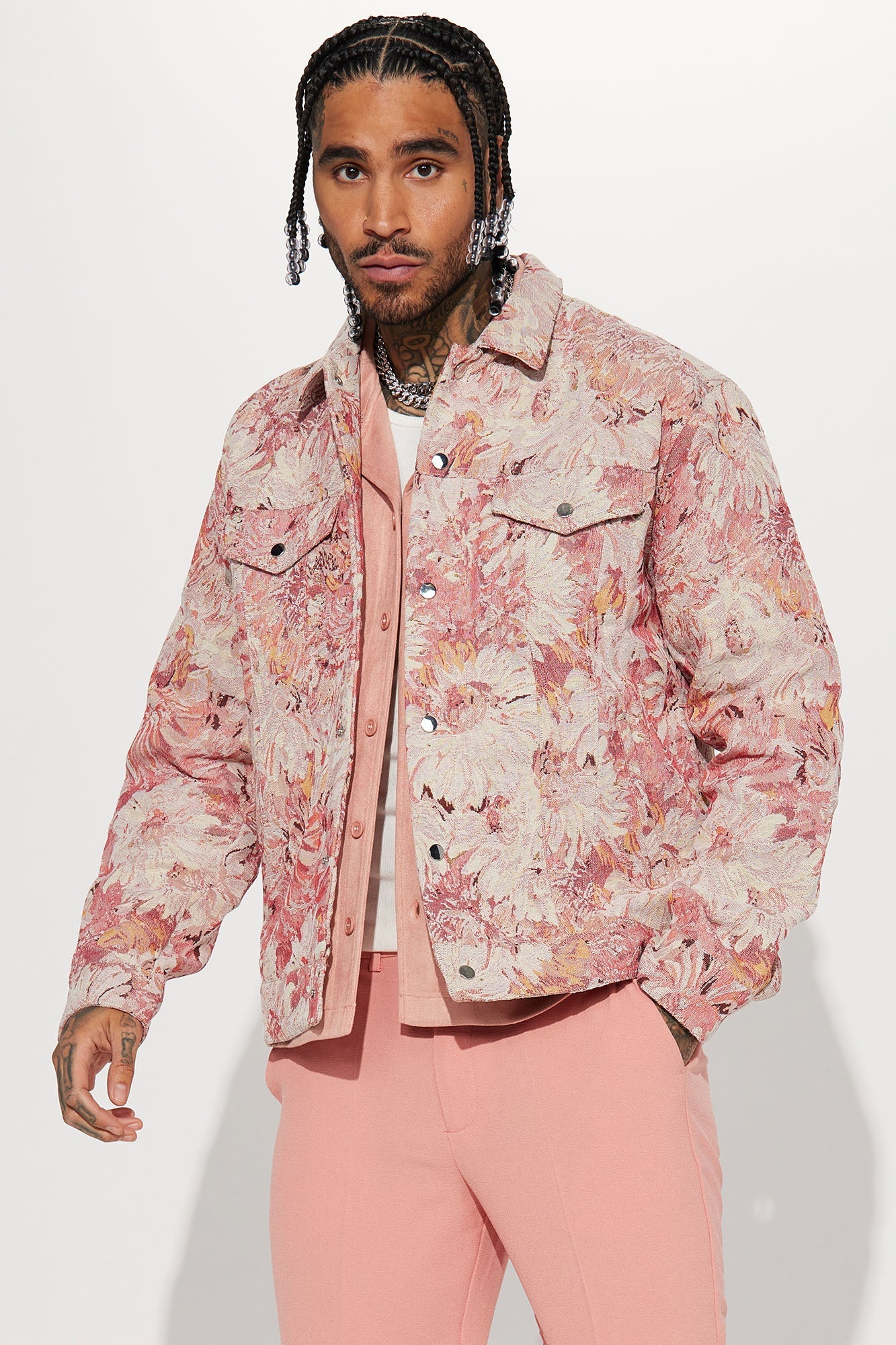 All You Need Is Tapestry Trucker Jacket - Pink/combo Fashion Nova