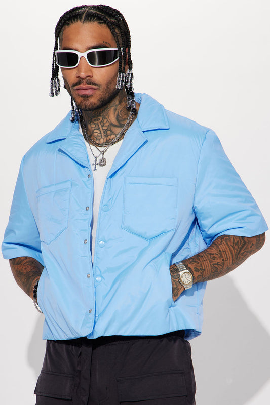 Aston Nylon Puffer Cropped Short Sleeve Shirt - Light Blue Fashion Nova