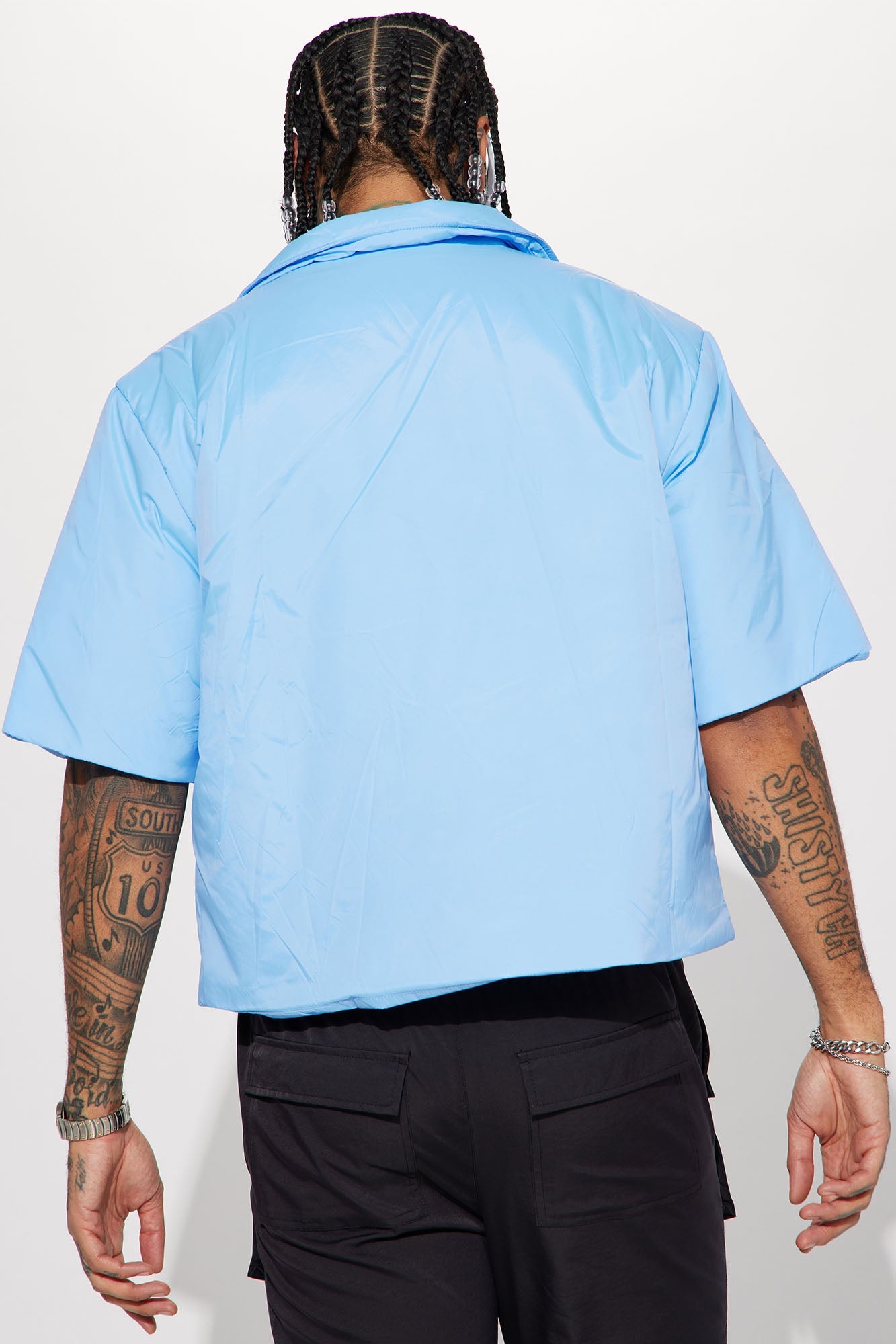 Aston Nylon Puffer Cropped Short Sleeve Shirt - Light Blue Fashion Nova