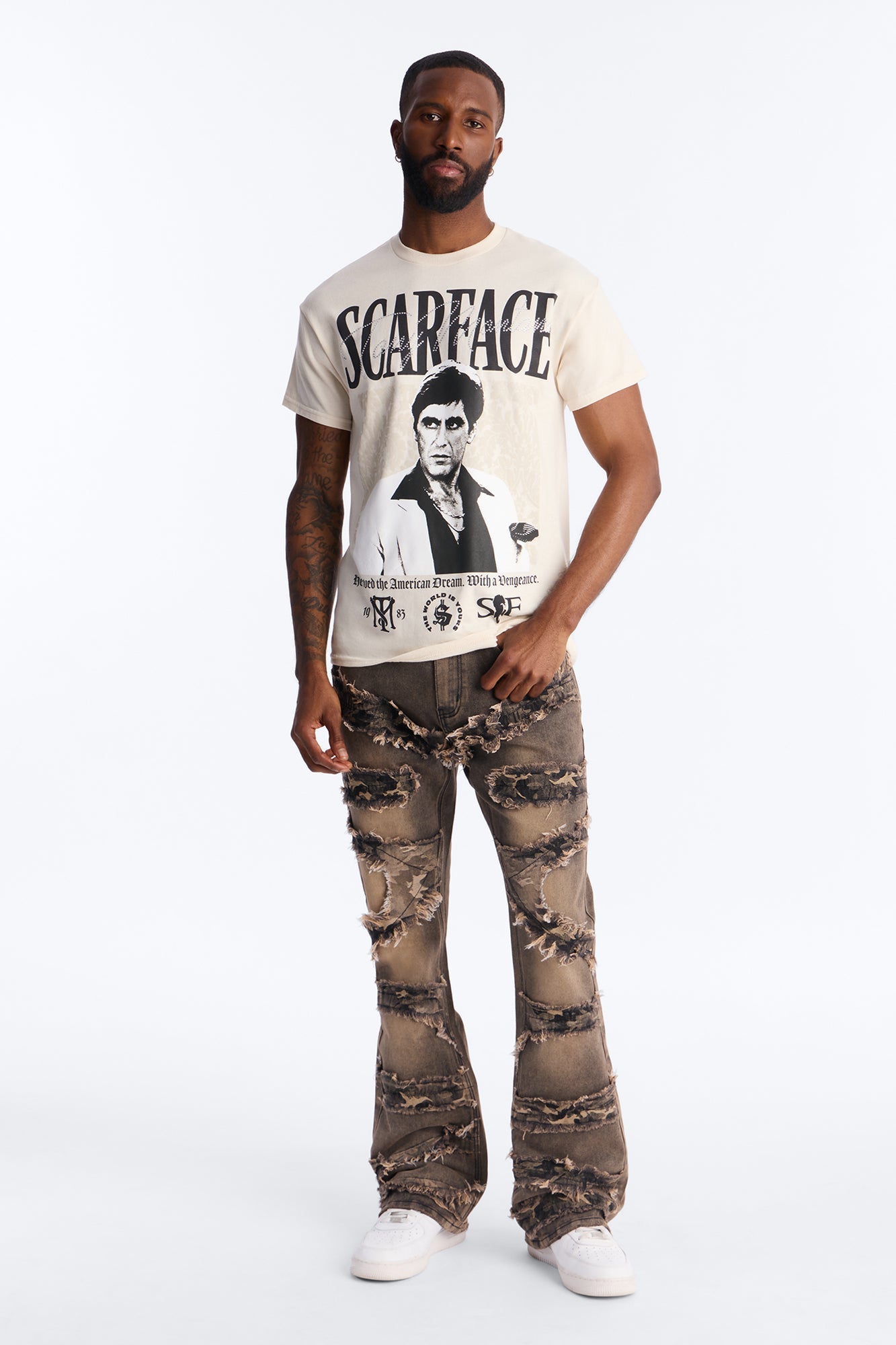 Scarface The American Dream Rhinestone Short Sleeve Tee - Cream Fashion Nova