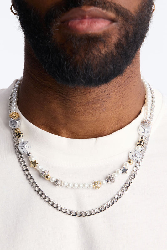 Solid Star Pearl Charm And Cuban Necklace Set - Silver Fashion Nova