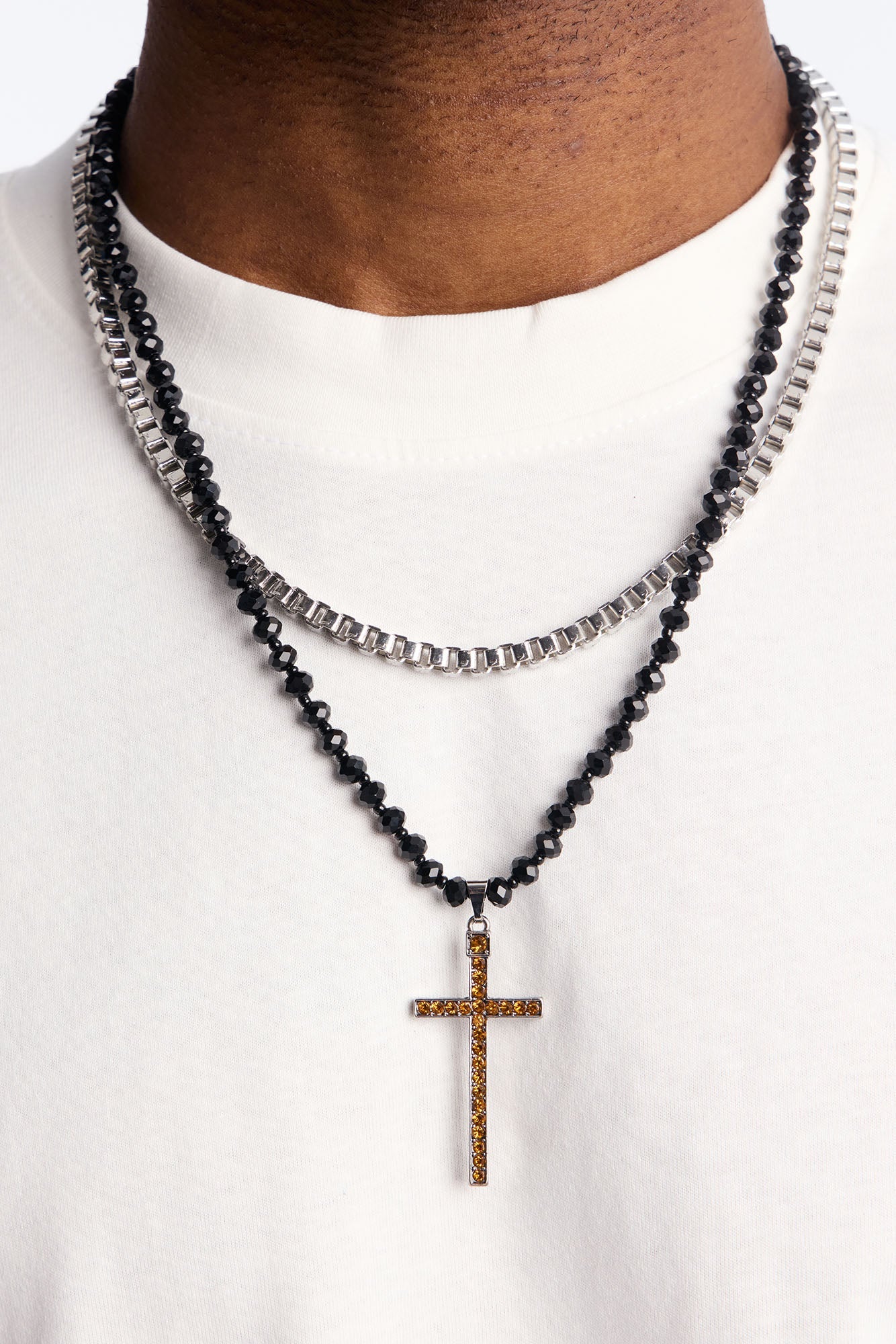Layered Beaded Cross Pendant Necklace Set - Silver/Multi Fashion Nova