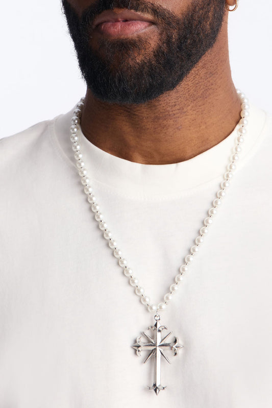 Taylor Pearl Cross Pendant Necklace - Silver Fashion Nova