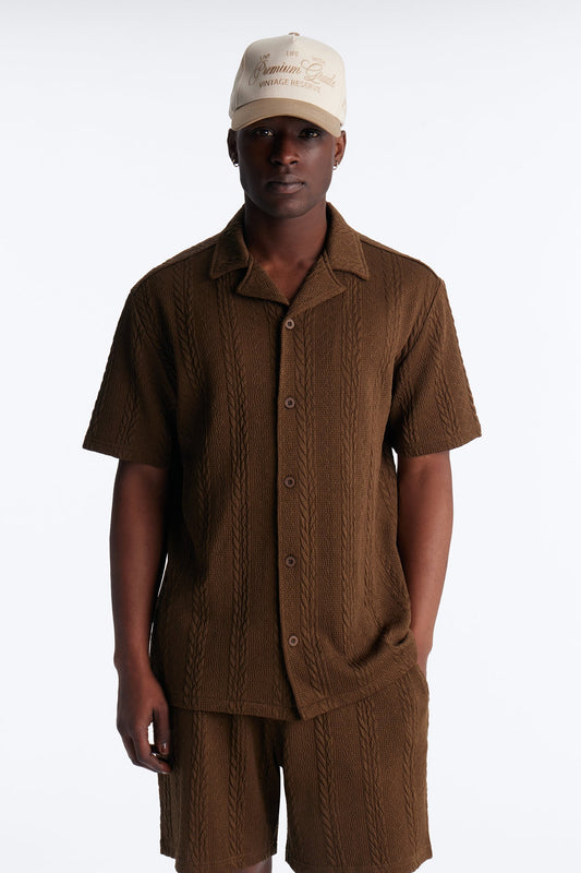 Textured Stripes Cuban Short Sleeve Button Up Shirt - Brown Fashion Nova