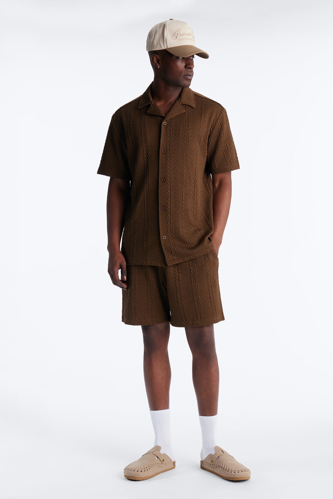 Textured Stripes Relaxed Drawstring Shorts - Brown Fashion Nova