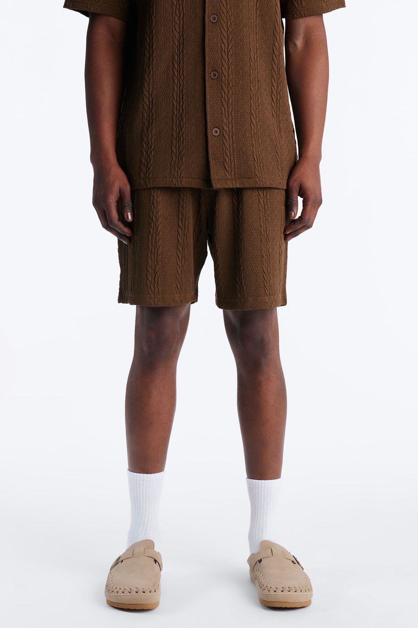 Textured Stripes Relaxed Drawstring Shorts - Brown Fashion Nova