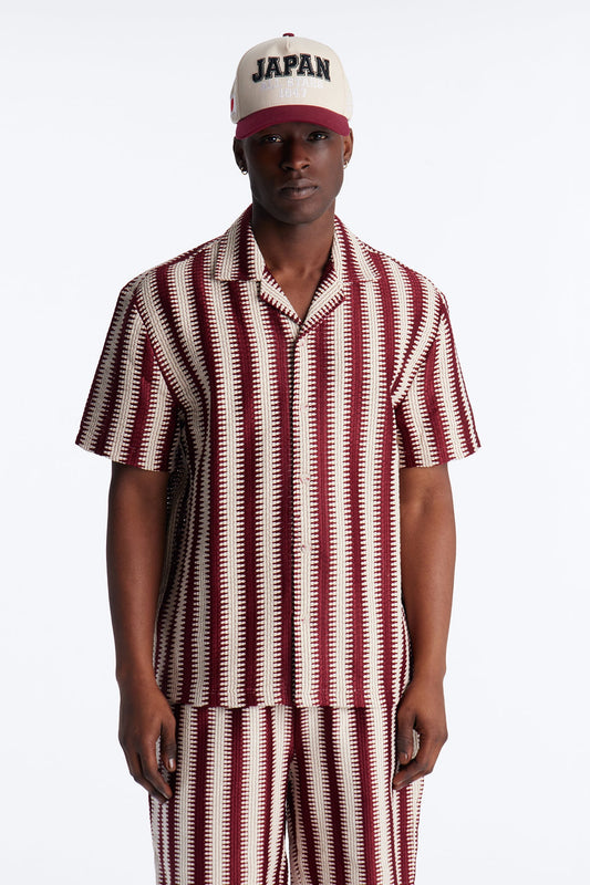 Summit Striped Short Sleeve Button Up - Burgundy Fashion Nova