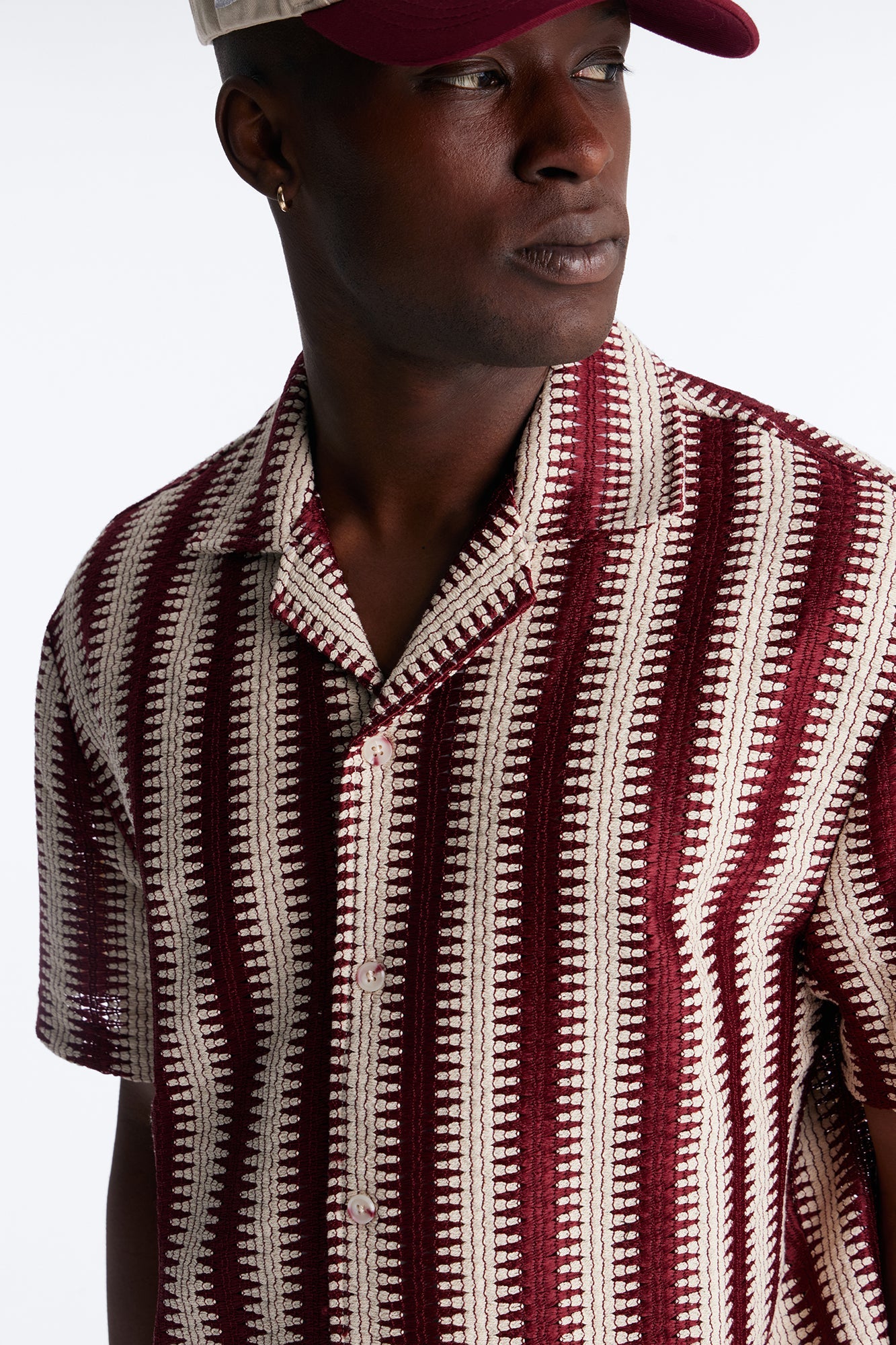 Summit Striped Short Sleeve Button Up - Burgundy Fashion Nova