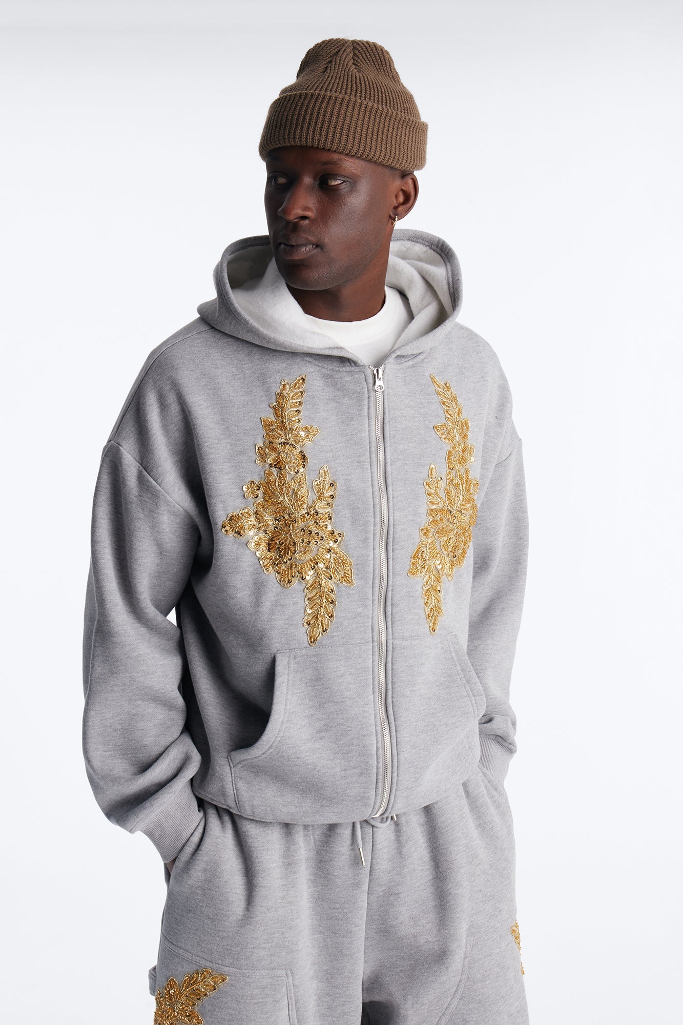 Oversized Rogue Sequin Applique Zip Up Hoodie - Grey Fashion Nova
