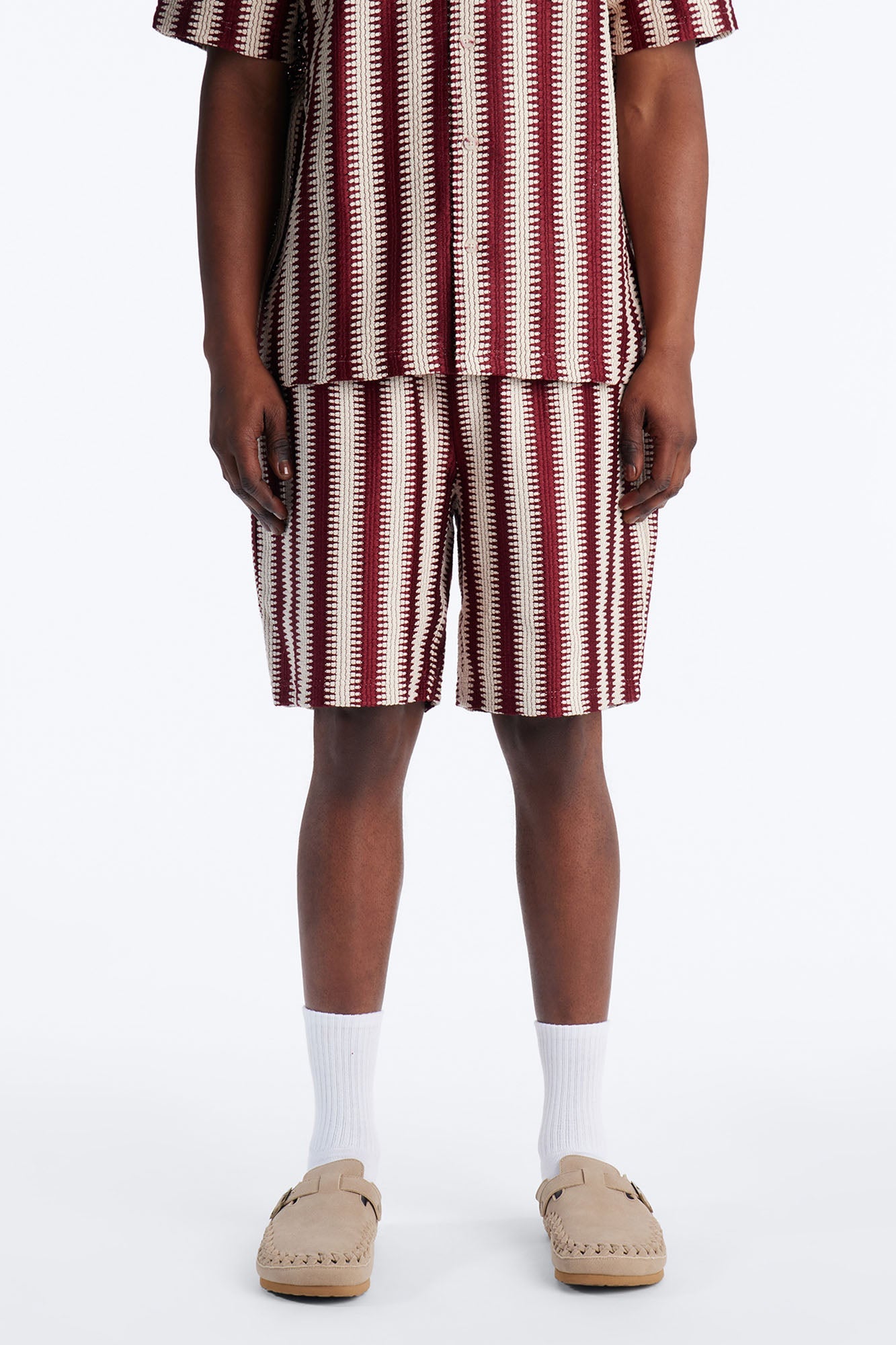 Summit Striped Relaxed Shorts - Burgundy Fashion Nova