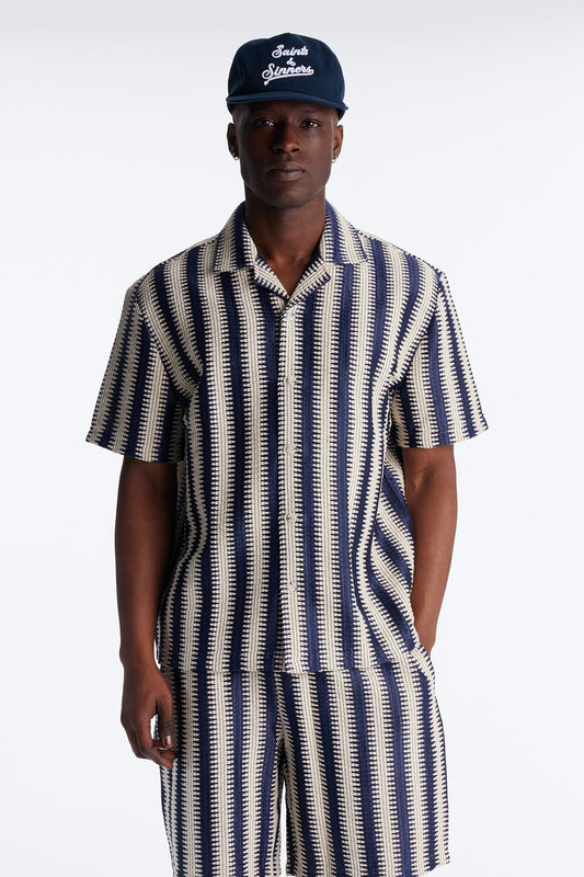 Summit Striped Short Sleeve Button Up - Navy Fashion Nova