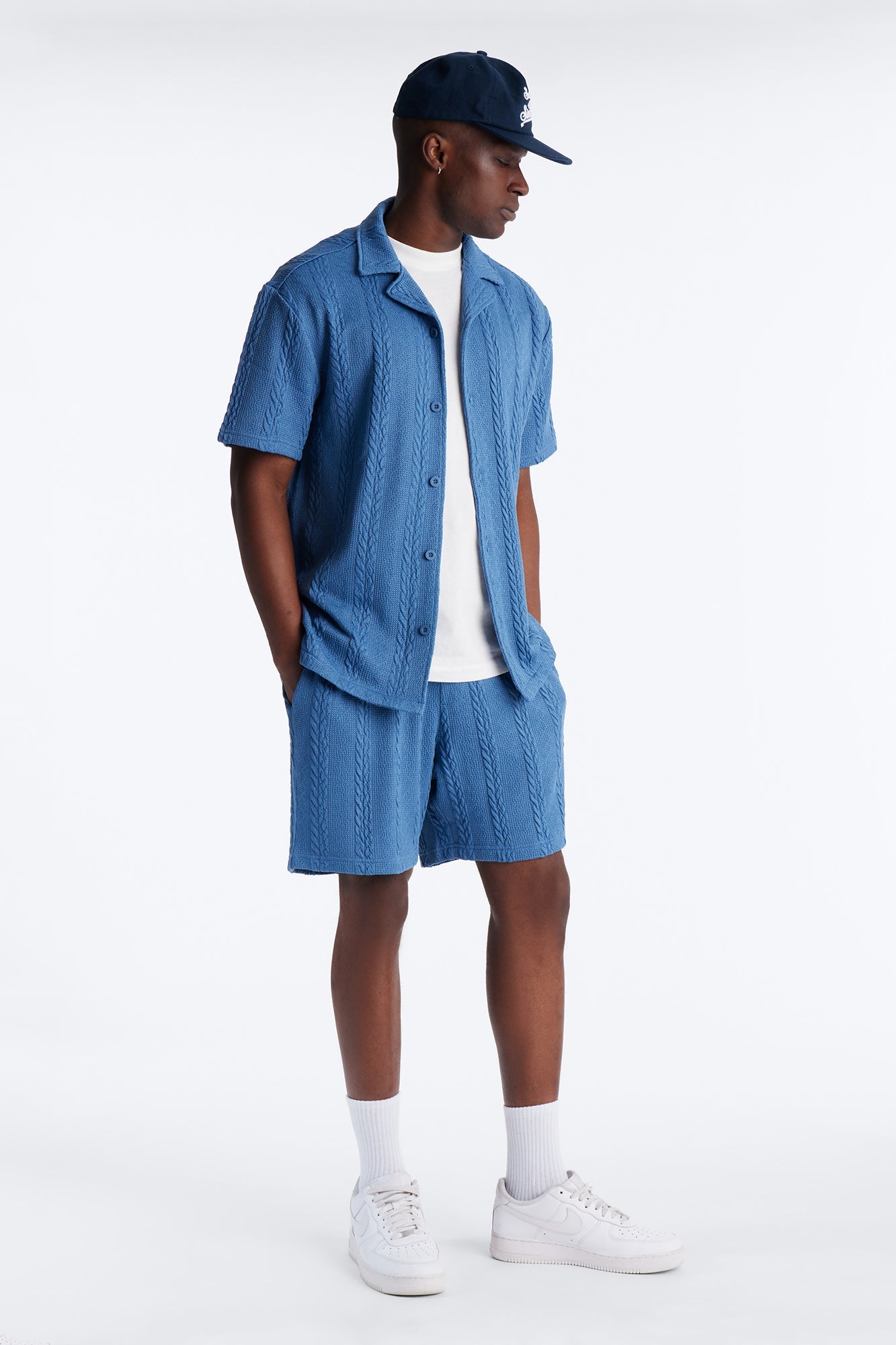 Textured Stripes Cuban Short Sleeve Button Up Shirt - Blue Fashion Nova