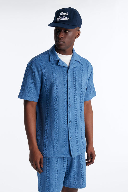 Textured Stripes Cuban Short Sleeve Button Up Shirt - Blue Fashion Nova