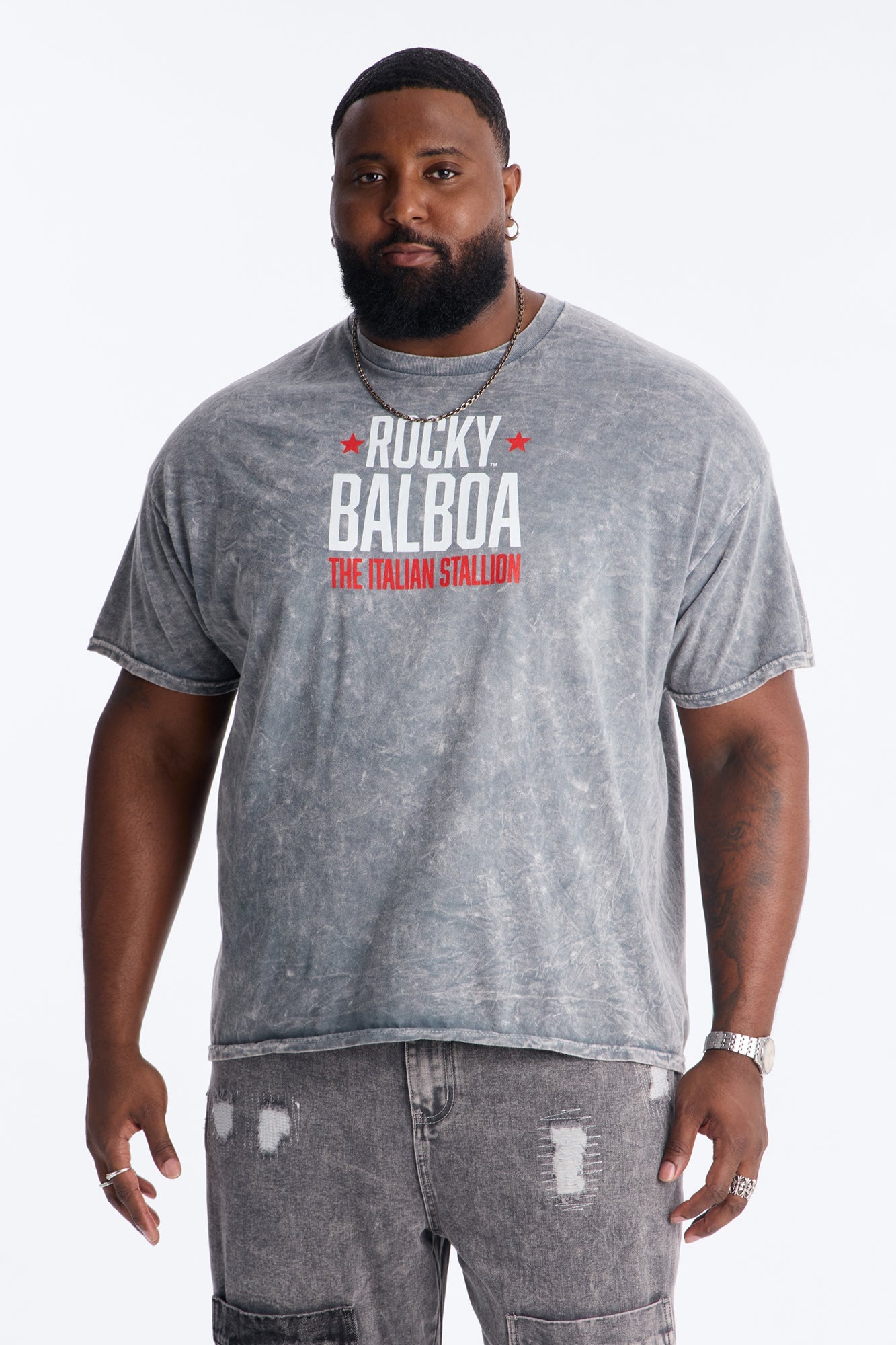 Rocky Balboa 1982 Short Sleeve Tee - Grey Mineral Wash Fashion Nova