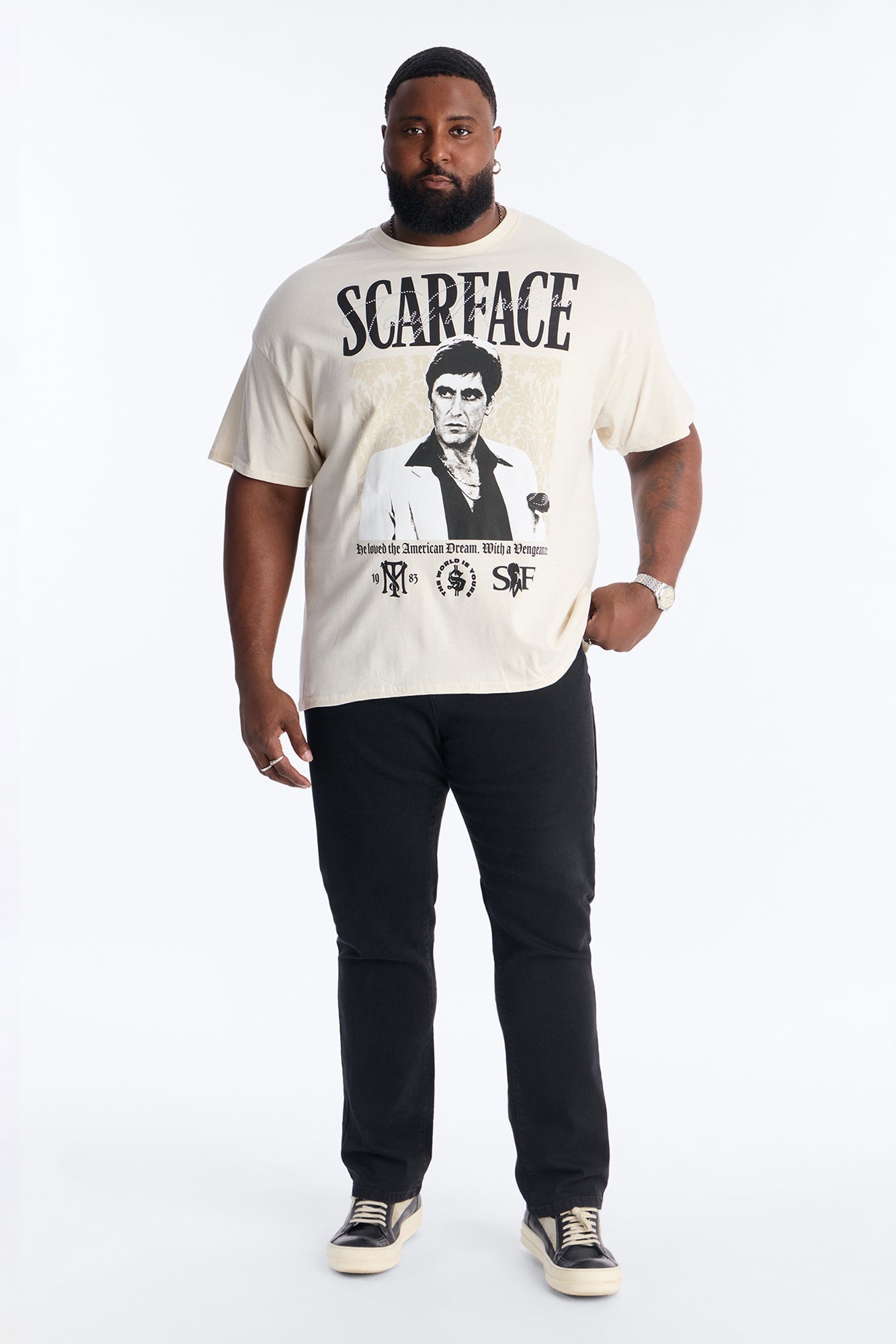 Scarface The American Dream Rhinestone Short Sleeve Tee - Cream Fashion Nova