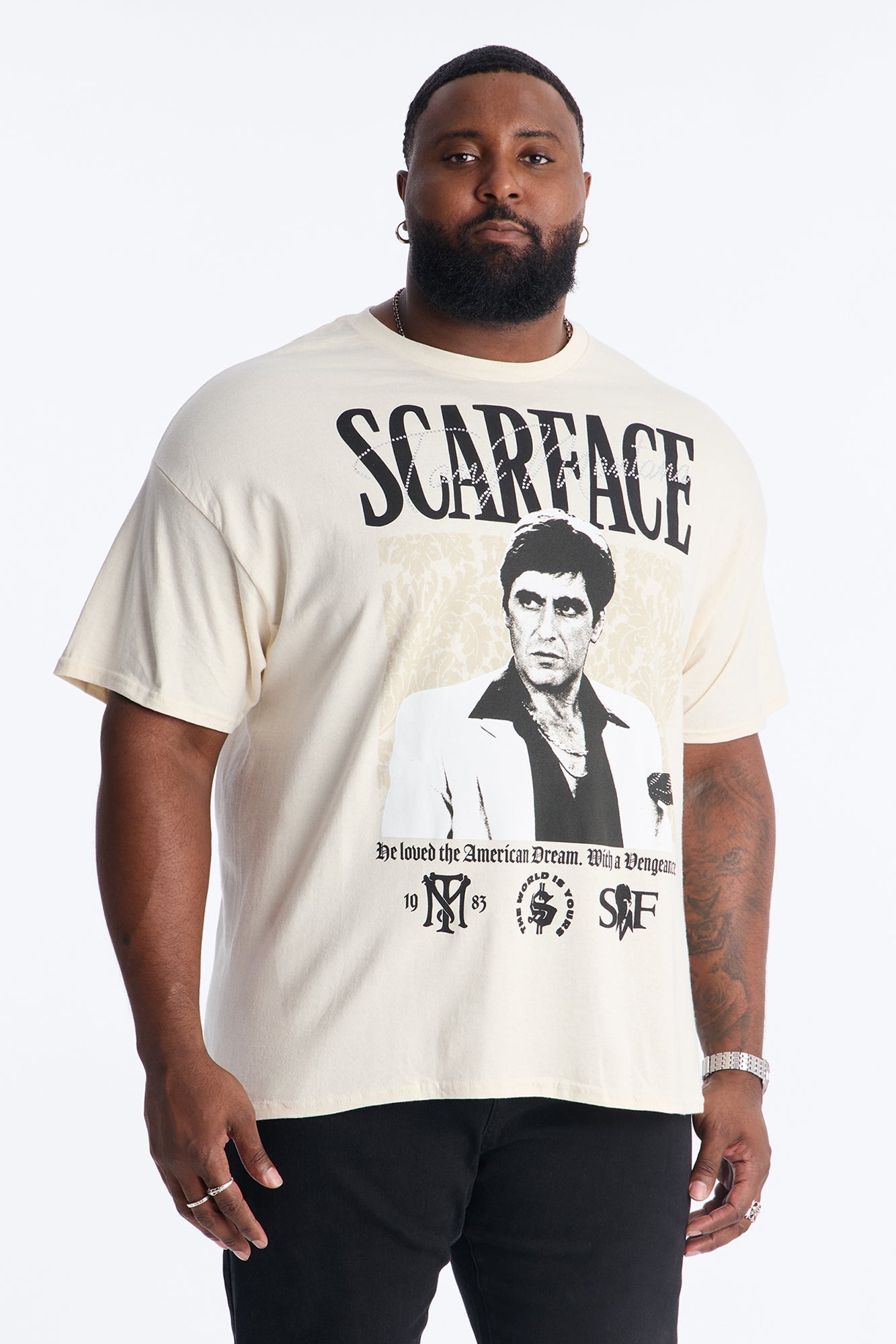 Scarface The American Dream Rhinestone Short Sleeve Tee - Cream Fashion Nova