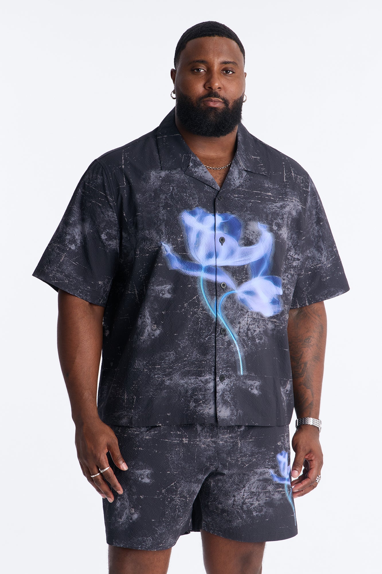 Relaxed Violet Static Seersucker Cuban Collar Up Shirt - Black Fashion Nova